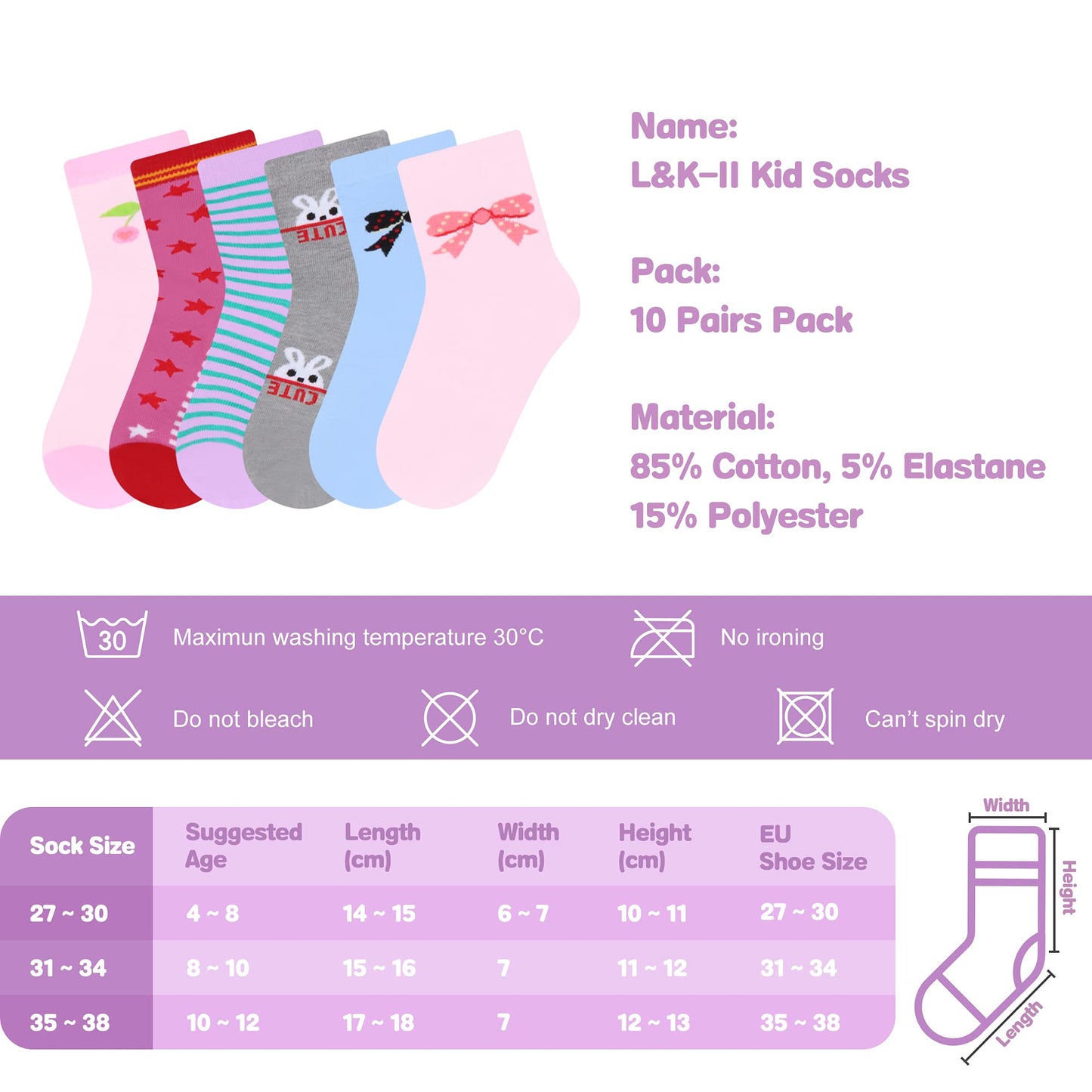 L&K-II 10/12 Paar Kinder Mädchen Socken aus Baumwolle Kleinkind niedliche Muster Kids Sneakersocken bunt 2808VA