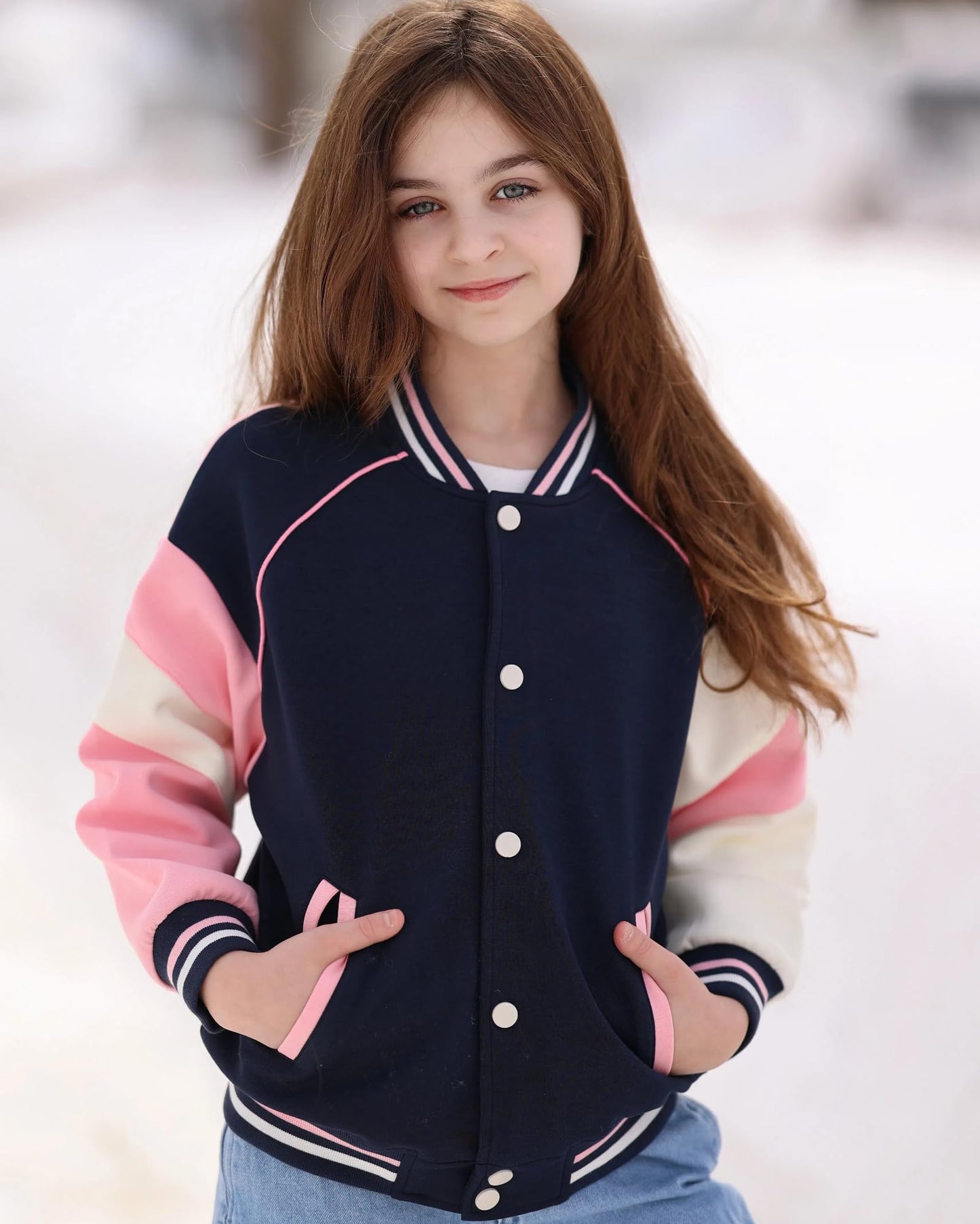 Rolanko Girls Baseball Jacket Boys Varsity Style Sweat Jacket with Pockets for School Bomber Coat for Children