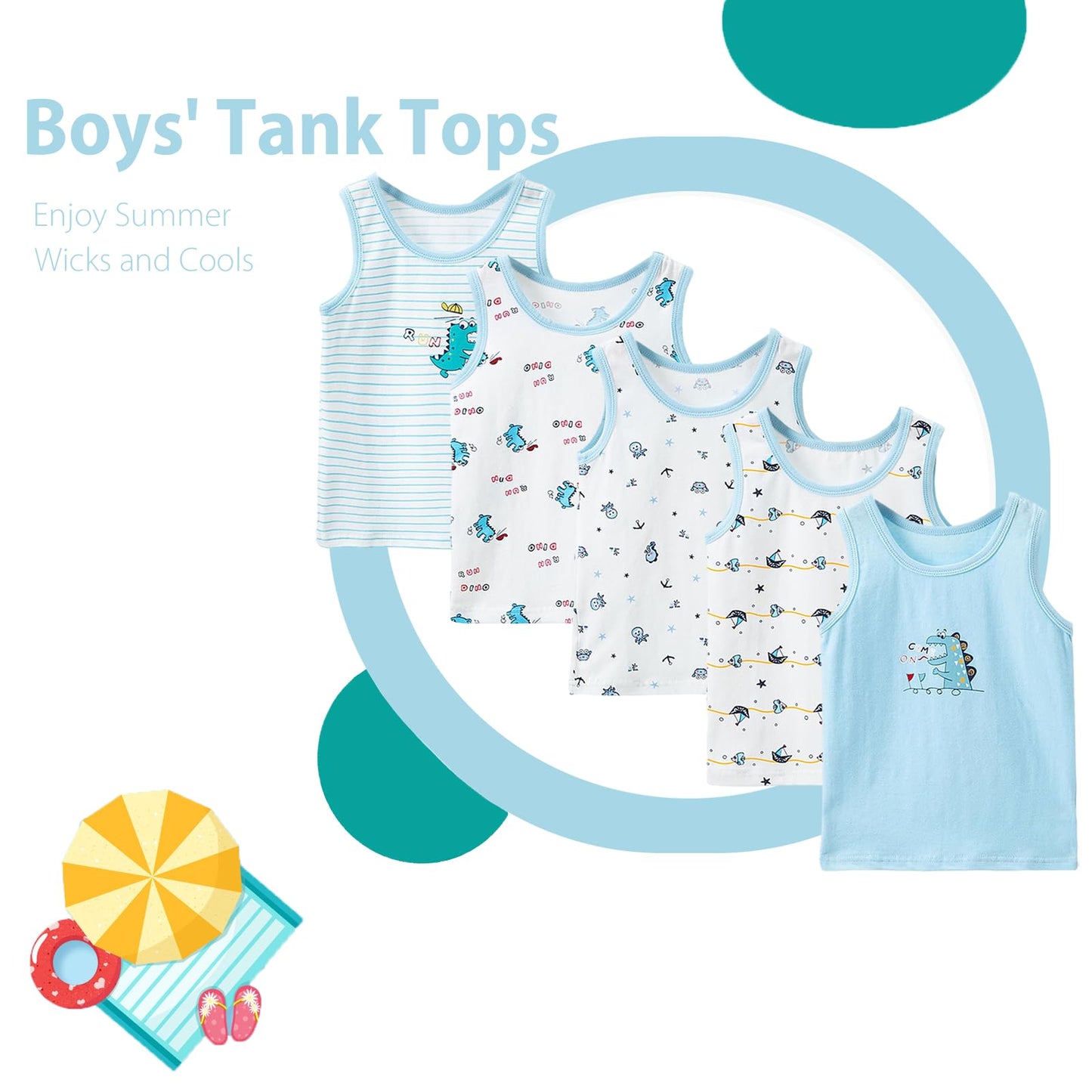 Boletochic 2-10 Years Boys' Vests Cotton Sleeveless Underwear Boys Breathable Soft Tank Tops Pack of 5
