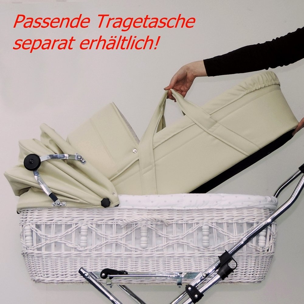 EICHHORN Weidenkorb Kinderwagen, Korb Weiß, Stoff Beige - große Liegefläche, weich gefedert, inklusive Matratze und Regenschutzbezug
