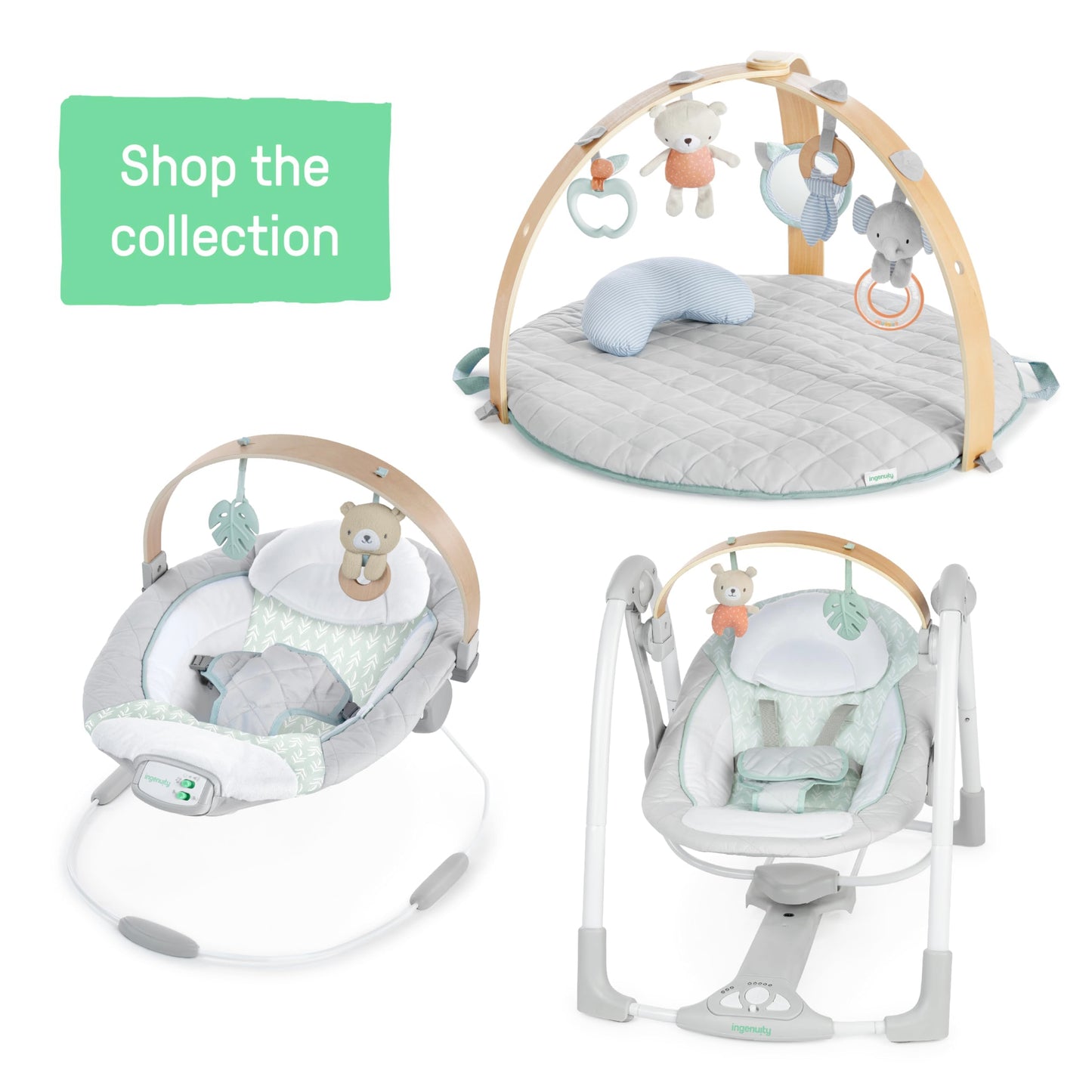 Ingenuity, InLighten Babywippe Babyschaukel mit Lichtern, Nate Bunny, Spielzeugleiste, Vibrationen, Geräuschen, Tummy Time Kissenmatte, bis zu 20 lbs, Neugeborenes+