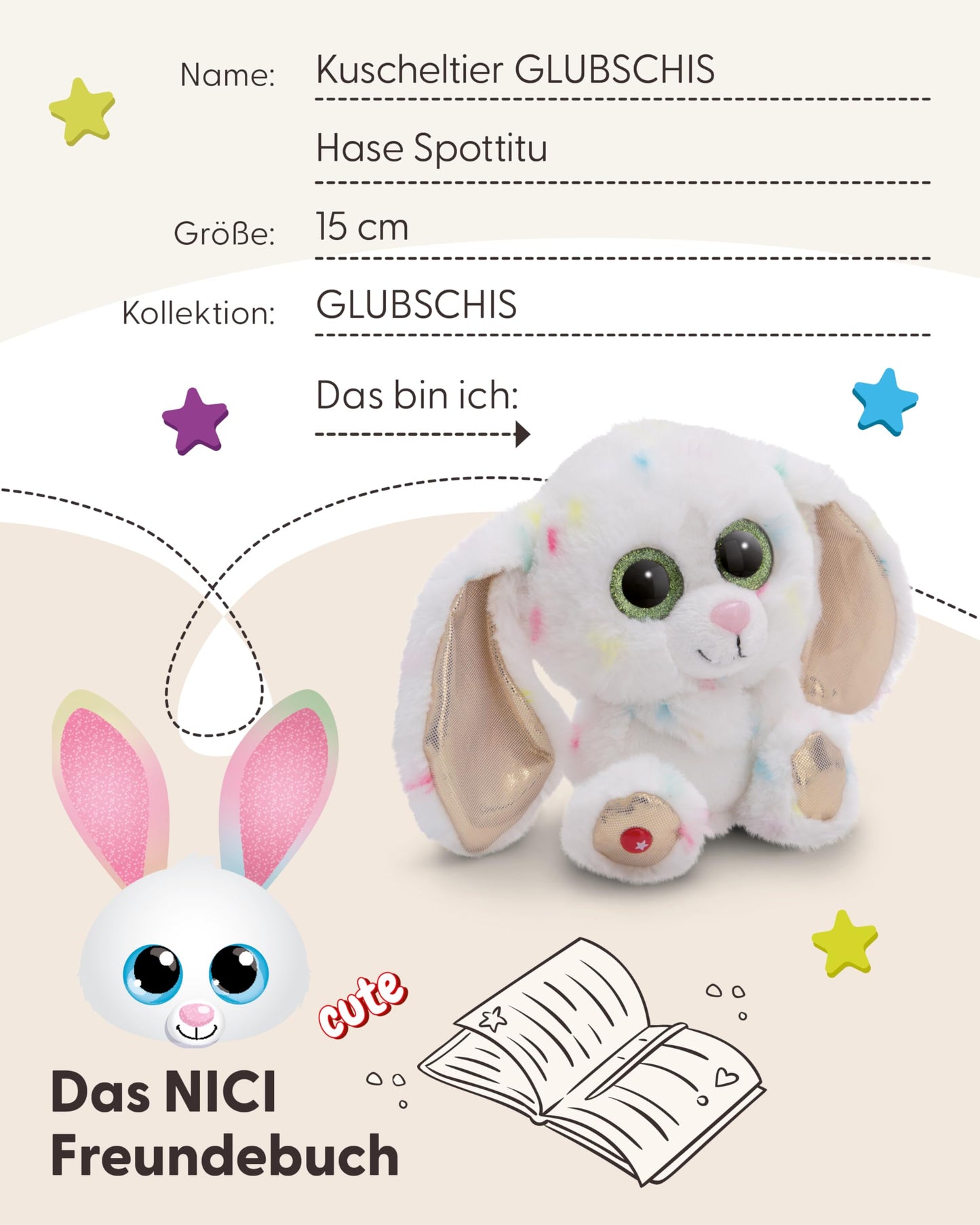 NICI GLUBSCHIS Kuscheltier Hase Spottitu 15cm bunt - Stofftier aus weichem Plüsch, niedliches Plüschtier zum Kuscheln und Spielen, für Kinder & Erwachsene, tolle Geschenkidee - 61453
