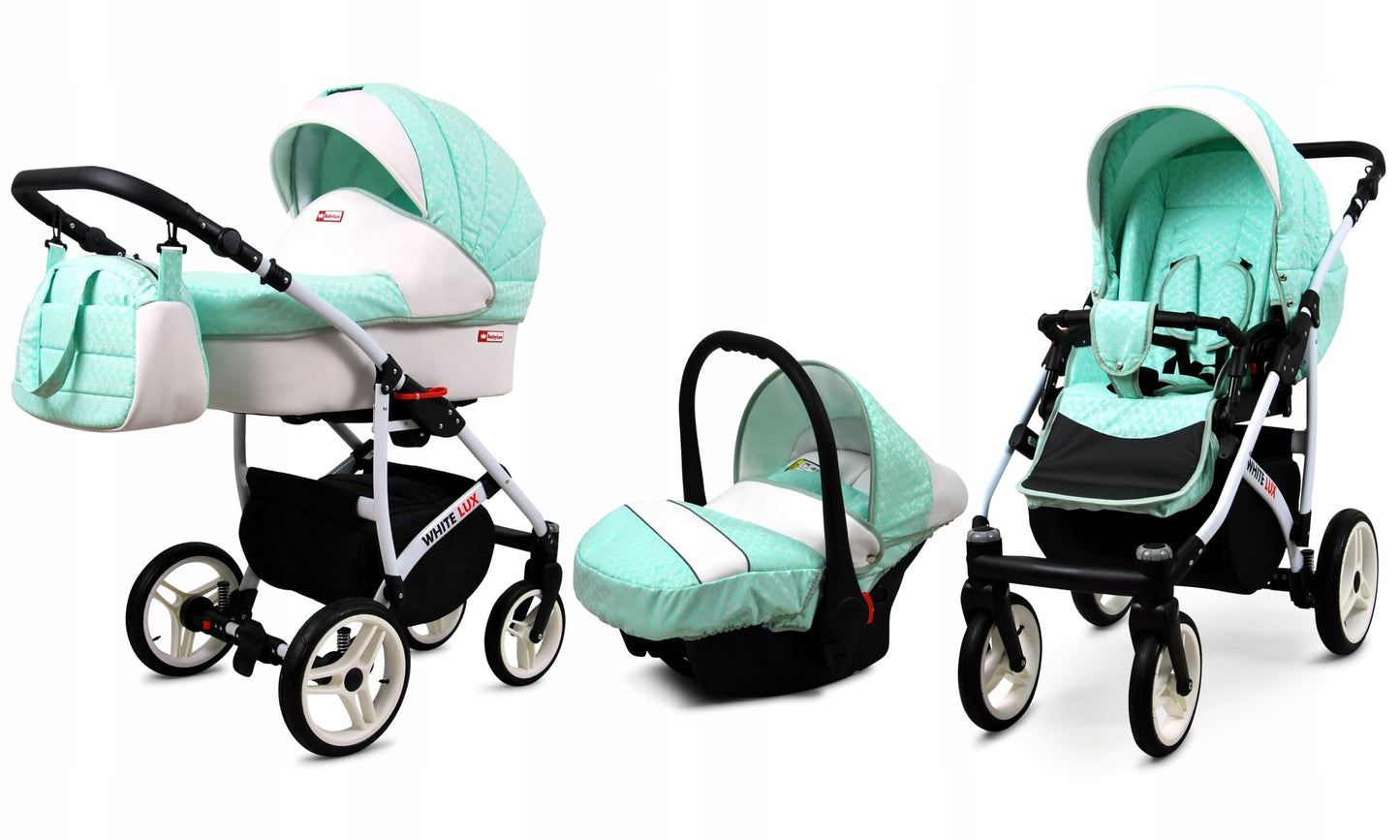 BabyLux® Bambimo stroller set 3 in 1 - White Lux - incl. carrycot, buggy sports seat, car seat - stroller set - combi stroller with changing bag, rain cover, etc.