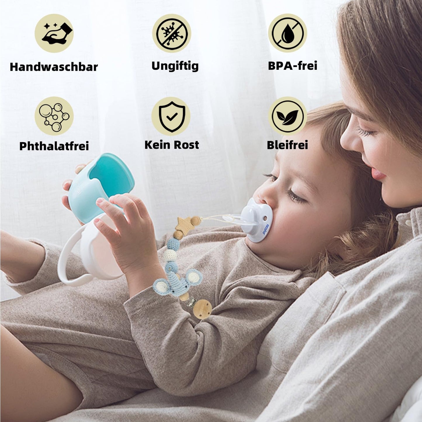 2 Stück Handgemachte Tier Design Schnullerkette Cup Catcher BPA-frei Sicherheitsgurt für Verstellbarer Kinderwagenkette zum Aufhängen von Trinkbecher Halteriemen für Kinderwagen