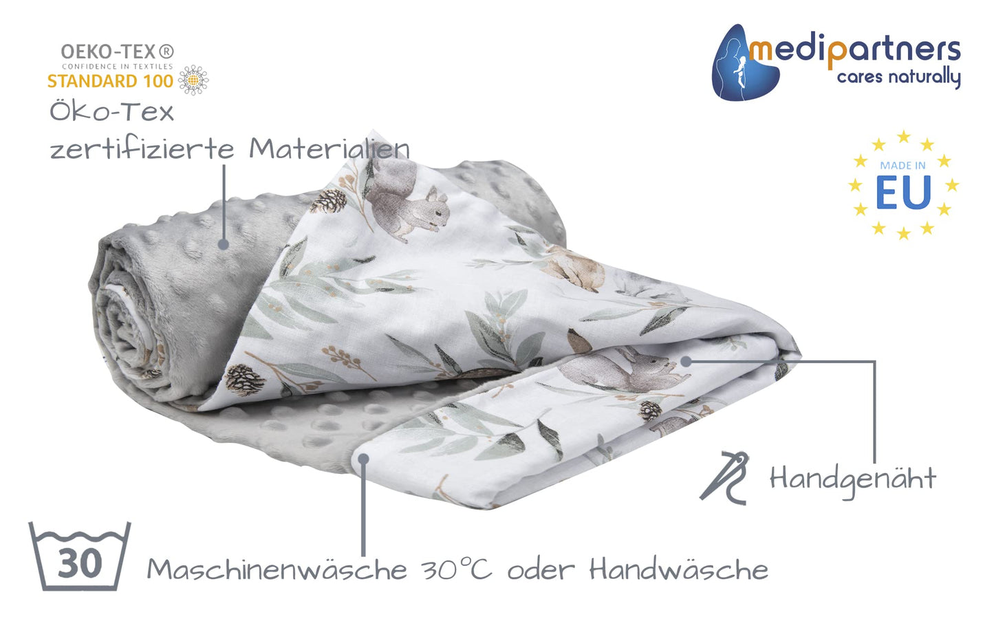 Medi Partners Babydecken Baby 100% Baumwolle Krabbeldecke Babydecke 75x100cm doppelseitig Kinderbett Minky Kuscheldecke Kinderwagen (REH mit grauem Minky)