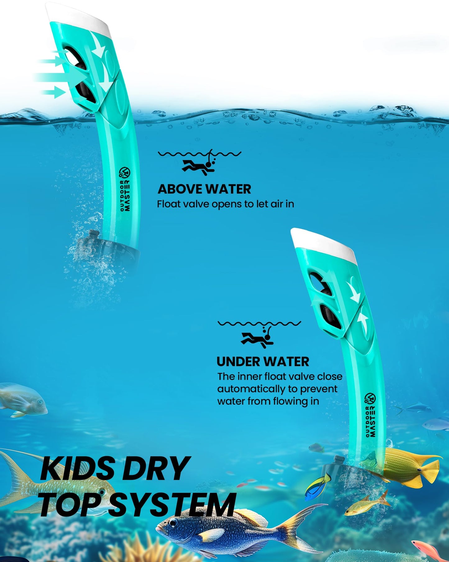 OutdoorMaster Marlin Children's Snorkel Set, Adjustable Strap, Dry Top Diving Mask, Anti-Fog Snorkel Mask, Children's Swimming Goggles for Boys and Girls, Age 4-14