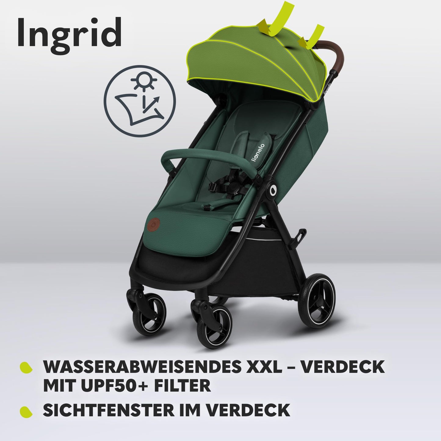 LIONELO INGRID Kinderwagen bis 22 kg von 6 Monaten bis 4 Jahren Große 360° schwenkbare Räder Volle Federung Einhändig zusammenklappbar Verstellbare Rückenlehne und Fußstütze Großes XXL-Verdeck
