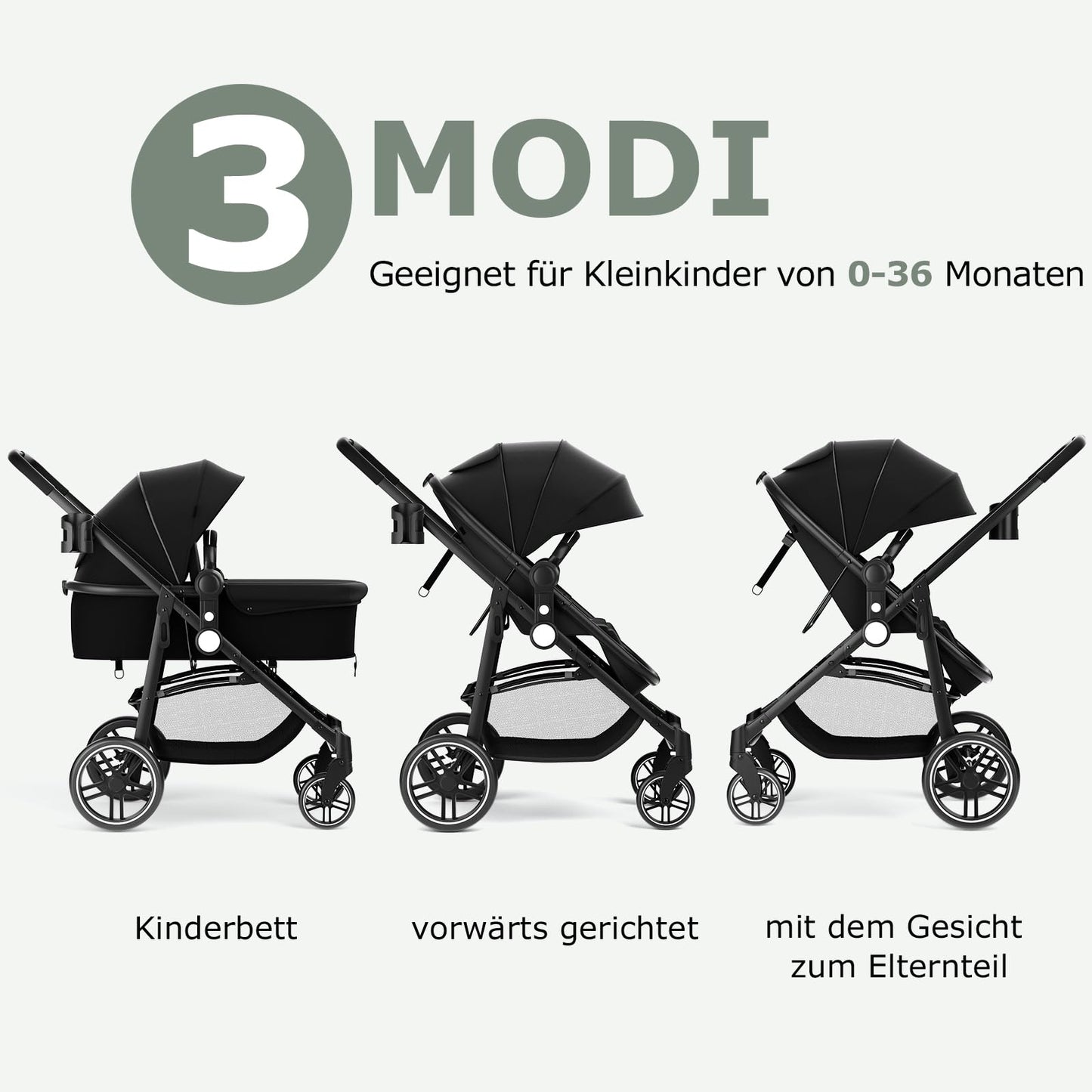 DREAMADE Kinderwagen klappbar, 3 in 1 Buggy mit umkehrbarem Sitz, Verdeck, Aufbewahrungskorb, Becherhalter & 5-Punkt-Sicherheitsgurt, Reisebuggy für Baby 0-6 Monate (Schwarz)