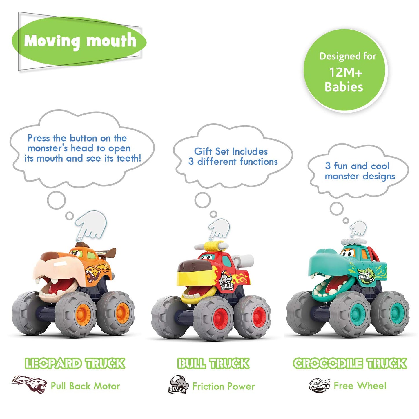 MOONTOY Baby Spielzeugauto Bagger Konstruktionsfahrzeuge Baufahrzeuge 4 in einem Set für Kinder, Traktor, Bulldozer, Kipper & Zementmischer