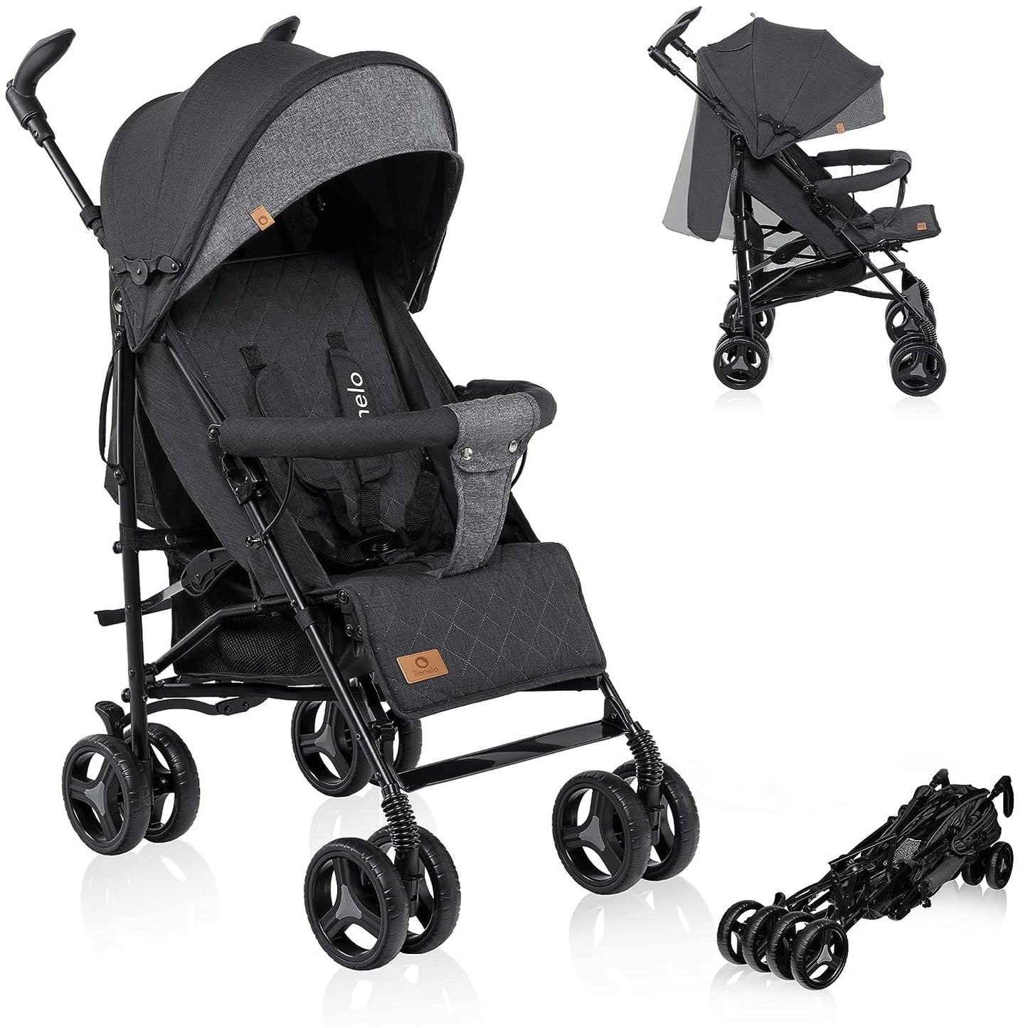 Lionelo Irma Pushchair up to 15 kg, Lightweight Modern Pushchair with Reclining Function, Foldable, Large 6 Inch Wheels, Large Basket, Bag, Mosquito Net