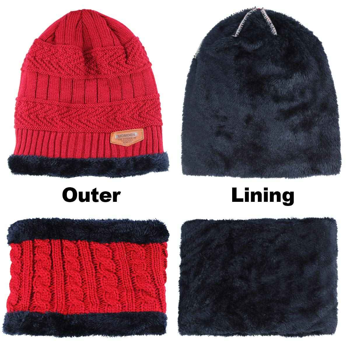 YR.Lover Momoon Dicke Beanie Hut +Schal Set Winter Warmen Schnee Knit Skull Cap für Kinder Jungen Mädchen