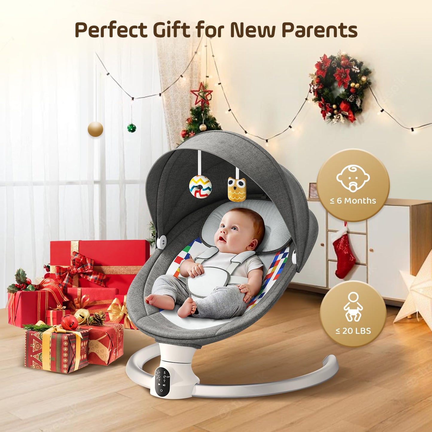 Hlieeosfcn Babywippe für Kinder,Babywippe Elektrisch mit 5 Natürlichen Schaukelgeschwindigkeiten,Elektrische Babyschaukel mit Musik, Nutzbar ab der Geburt bis ca. 6 Monaten,Fernbedienung,Grau
