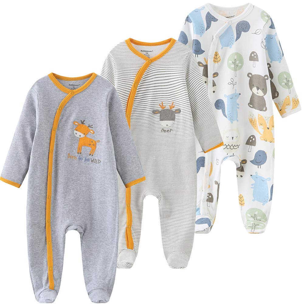 Kiddiezoom Unisex Baby Boys Girls Sleepsuit Pajamas Cotton Overalls Rompers, 3 Pack