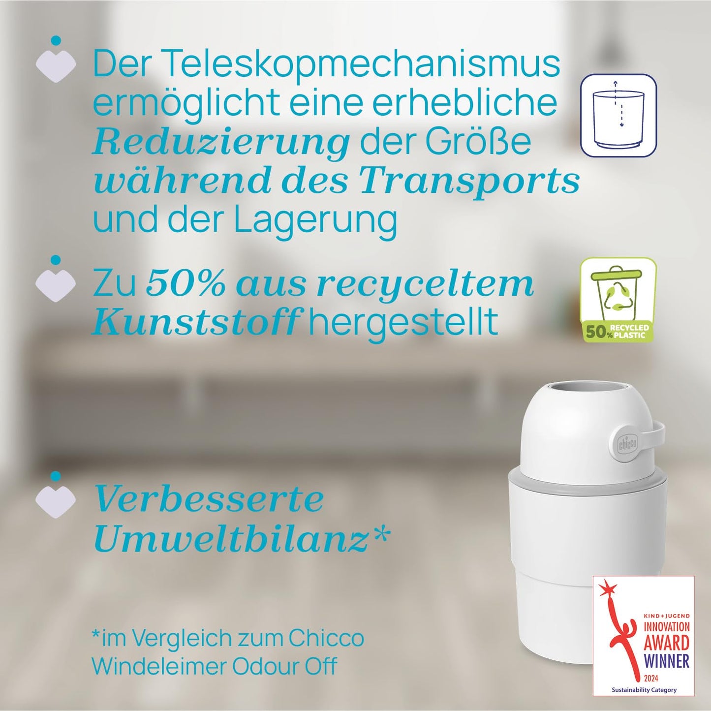 Chicco Windeleimer Odour Off, geruchsdichtes System, platzsparender Baby Windeleimer mit Deckel, einfach zu benutzen und zu reinigen, Ohne Nachfüllkassetten, funktioniert mit herkömmlichen Tüten