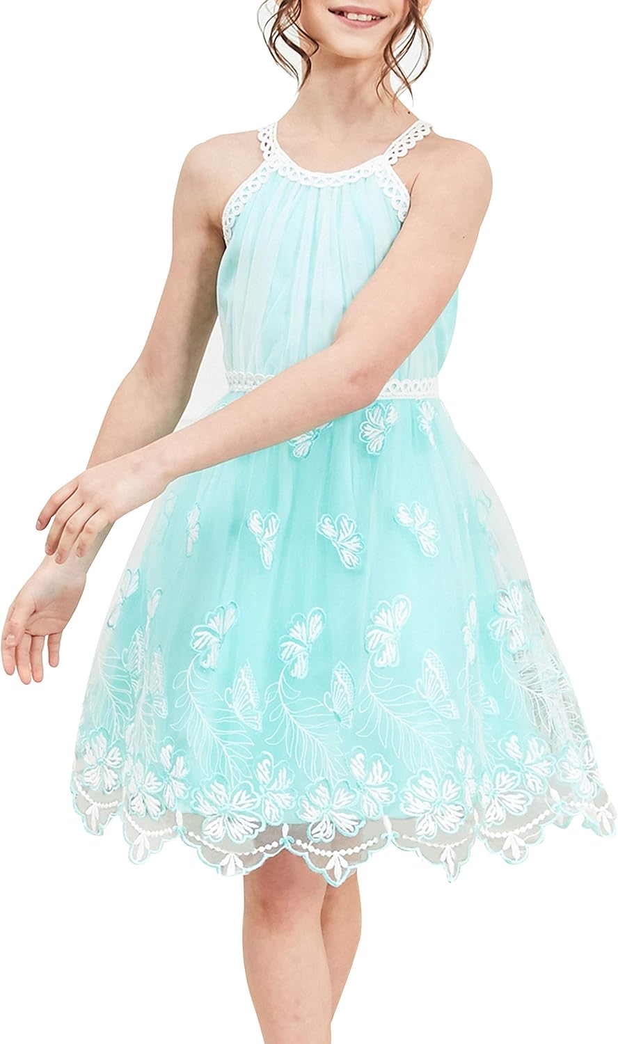 Sunny Fashion Mädchen Kleid Türkis Schmetterling Gestickt Halfter Kleid Party Gr. 104-146