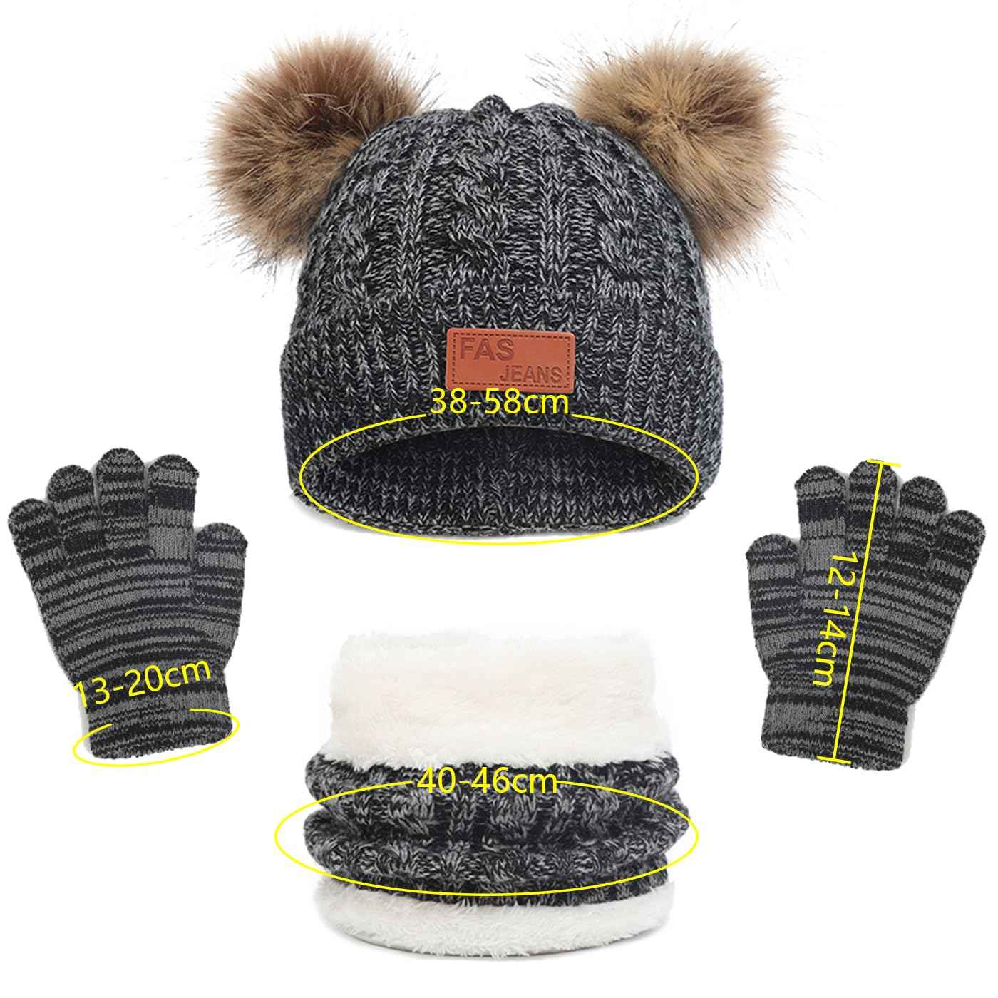 LINSOCLE 3-in-1 Children's Winter Hat Scarf Gloves Set, Knitted Hat Baby Hat Children's Hat Set, Boys Warm Winter Hat Beanie Hat Gloves Round Scarf Set for Children 2-6 Years