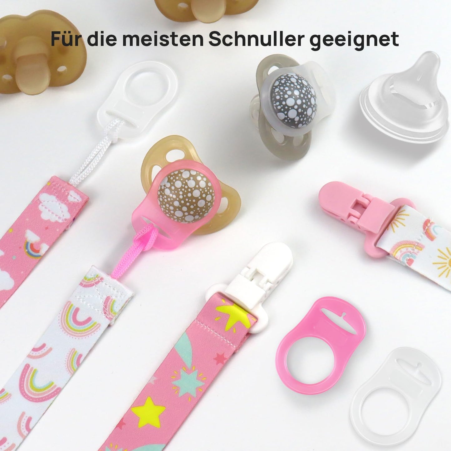 Suofuolef 4 Pack Schnullerkette Baby Mädchen, Baby Schnullerband Set mit Adaptern, Schnuller Clips für Neugeborenen Geburt & Taufe Geschenk, Rose