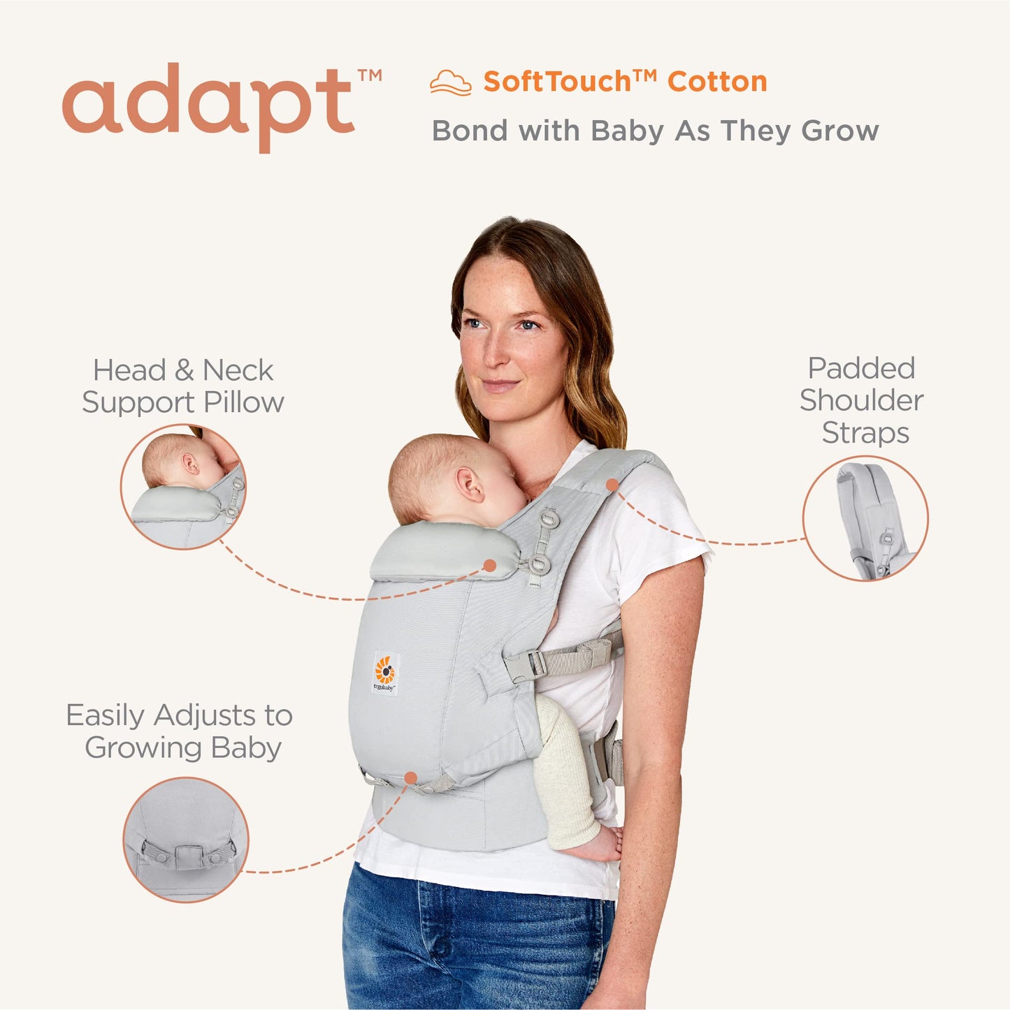 Ergobaby Adapt Babytrage für Neugeborene ab Geburt, 3-Positionen SoftFlex Mesh Ergonomische Babybauchtrage Rückentrage Baby-Tragetasche, Natural Beige, 1 Einheit