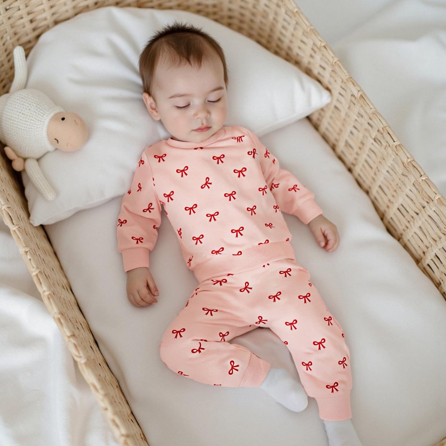 Beauace Baby Girl Clothing Set Bow Print Long Sleeve Sweatshirt + Trousers Newborn Outfit Toddler Two Piece Autumn Winter Baby Clothing