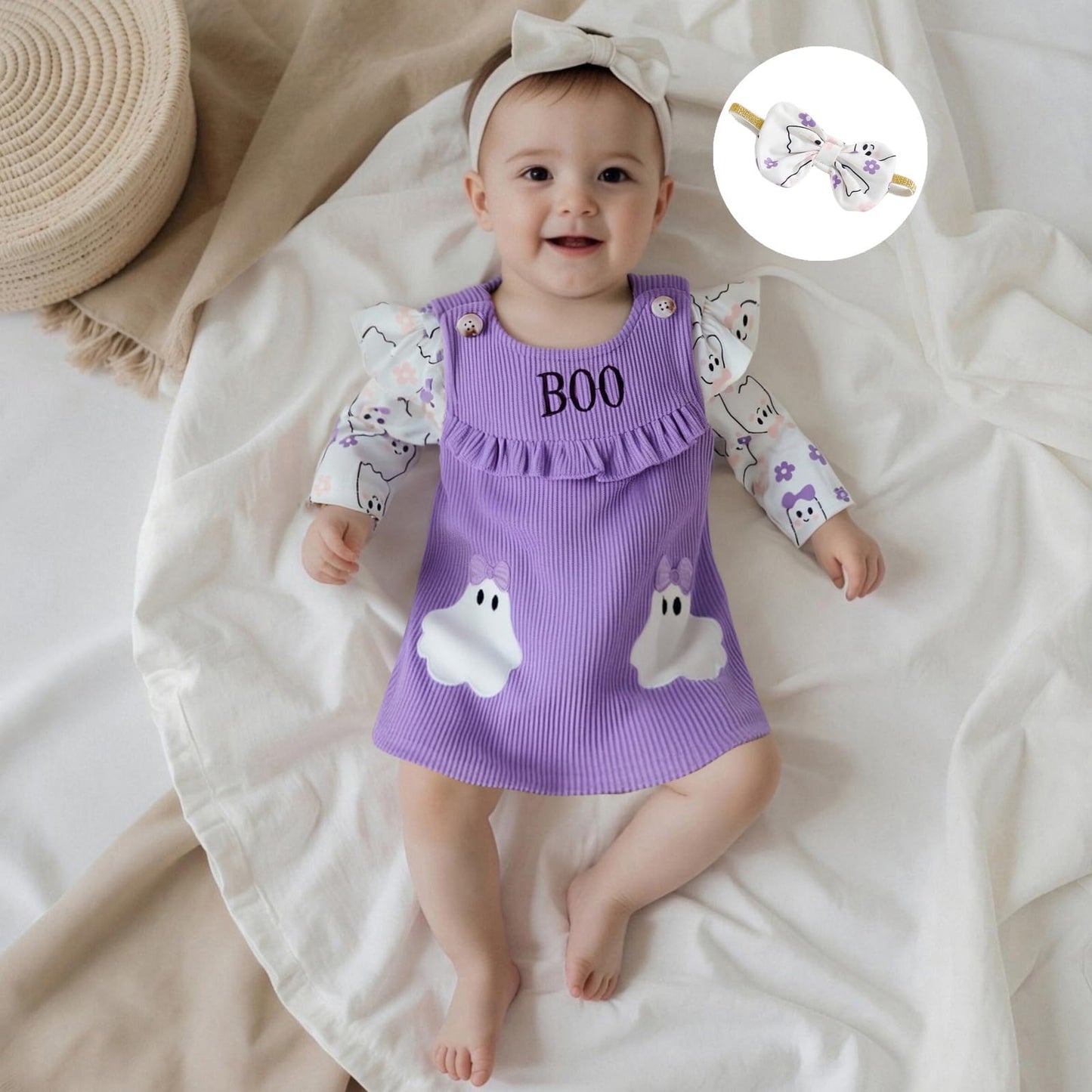 Geagodelia Baby Girl Halloween Clothing Outfit Pumpkin Ghost Baby Clothing Set Body Top + Jumpsuit Dress Newborn Soft Baby Set