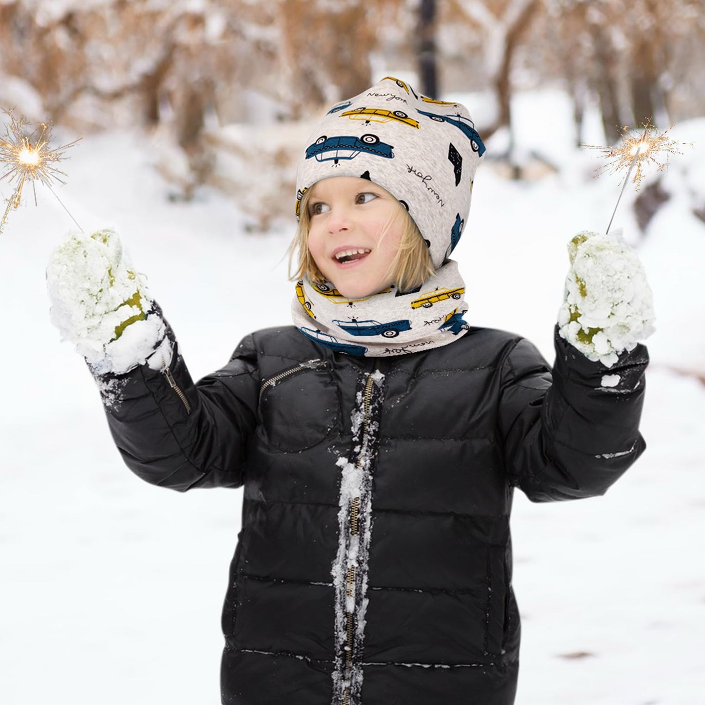 Kinder Beanie Mütze & Loop Schal Set, 95% Baumwolle Mütze Schal Set Mädchen Jungen 2-8 Jahren, Schlauchschal Warme Wintermütze Strickmützen für Herbst Winter Frühling