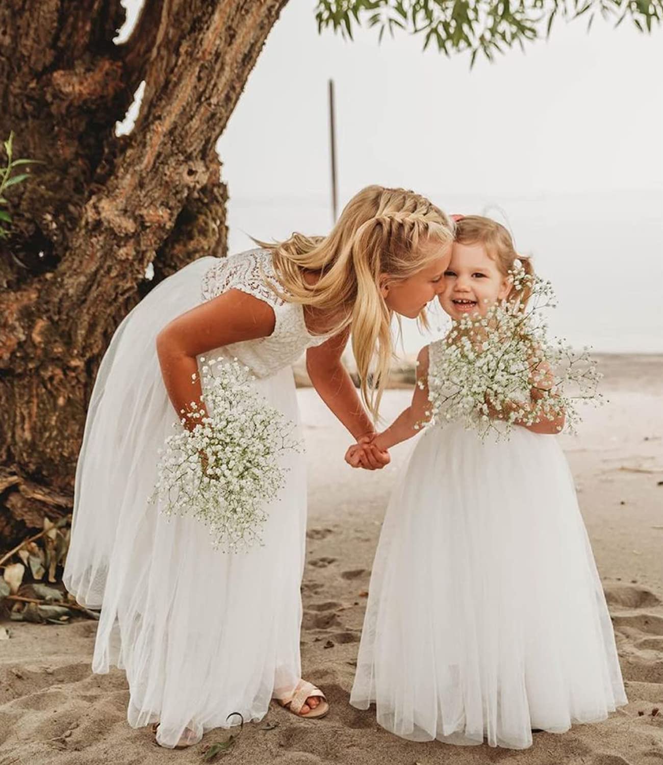 Beganly Mädchen Festtagskleider Spitze V-Rücken Kleid ärmellos Flauschig Tüll Prinzessin Partykleid Blumenmädchen Kleider