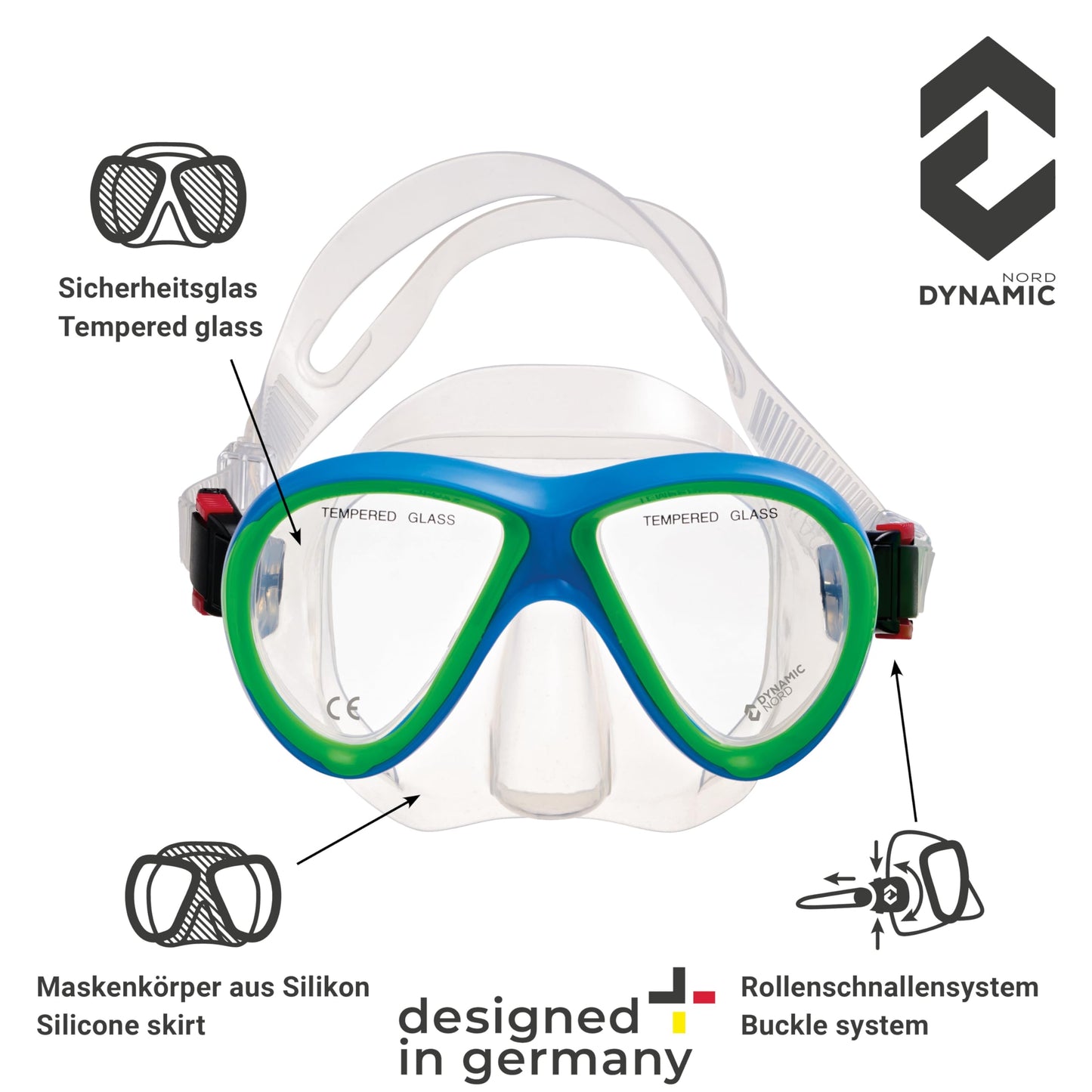 DYNAMICNORD - Kinder Schnorchelset – Designed in Germany – Profi Silikon 2er Set Tauchset Schnorchelset für Kinder (Taucherbrille, Trocken Schnorchel & Netztasche) mit Dry Schnorchel & Sicherheitsglas