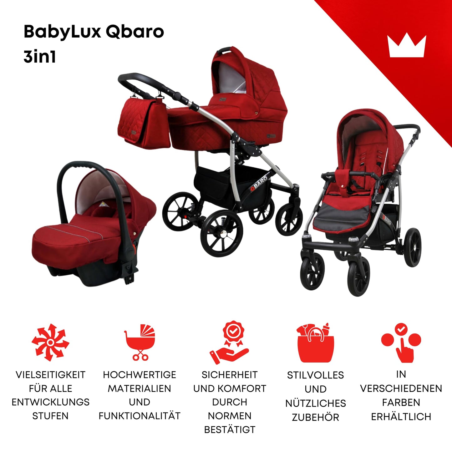 BabyLux® Bambimo Qbaro 3-in-1 Pushchair Set Including Baby Carrycot, Buggy Sports Seat, Car Seat - Car Seat - Pram Set - Combination Pram with Changing Bag, Rain Cover etc.