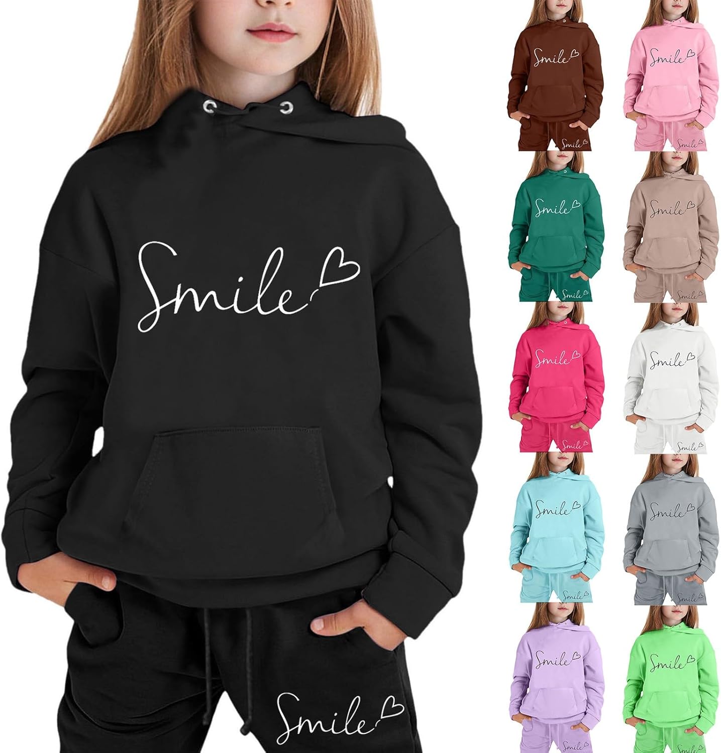 Mädchen 2-teiliges Outfit Herbst Hoodie Lächeln Sweatsuit Sets Kinder 2025 mit Kapuze Ausgehen Sweatanzüge Sweatshirt mit Taschen Grafik Langarm Brief Kordelzug Sweatsuits Sets