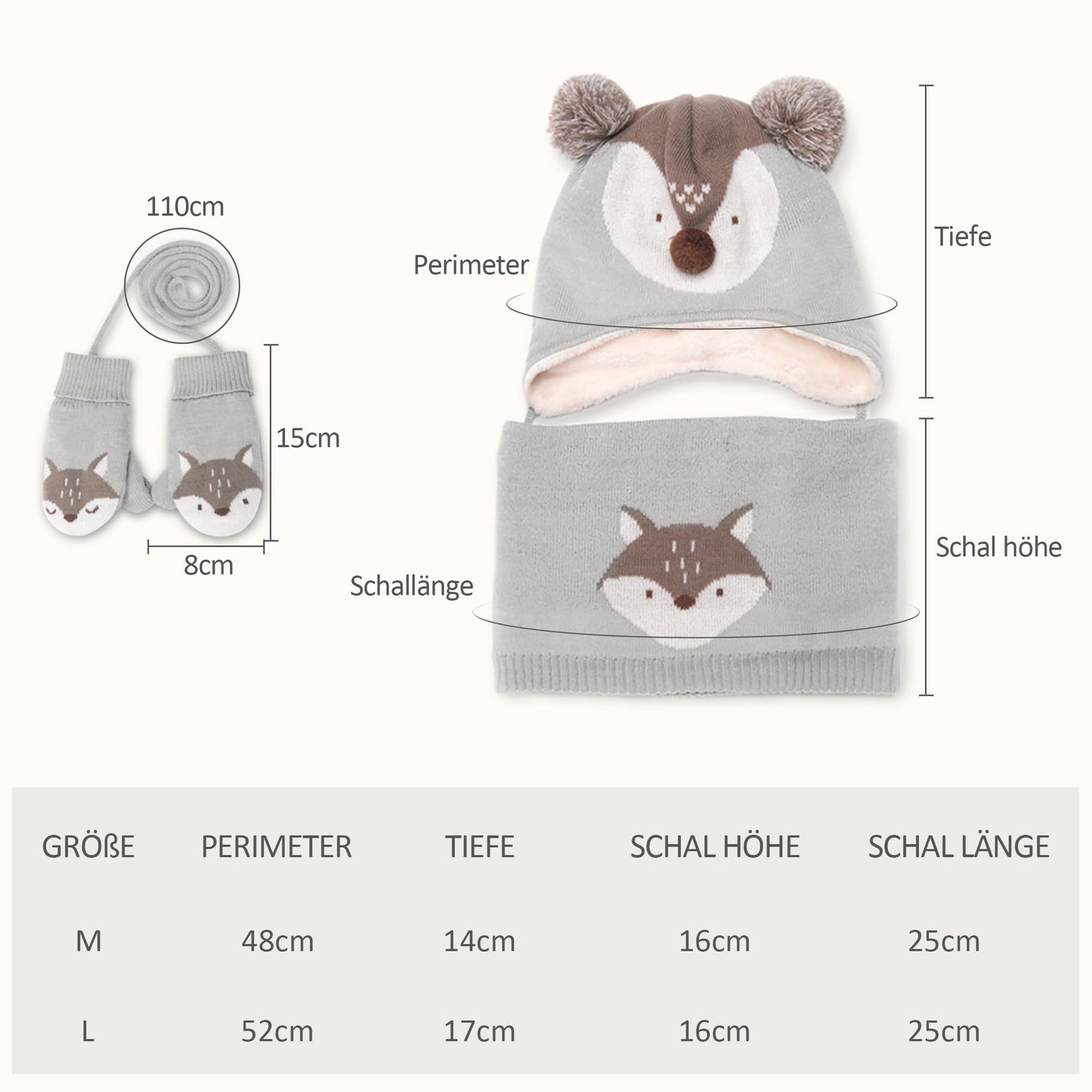 DORRISO Unisex-Baby Jungen Mädchen Mütze Schal Handschuh Set Niedlich Frühling Winter Herbst Beanie Strickmütze Warm Niedlich Klein Fuchs Wintermütze 1-6 Jahre alt