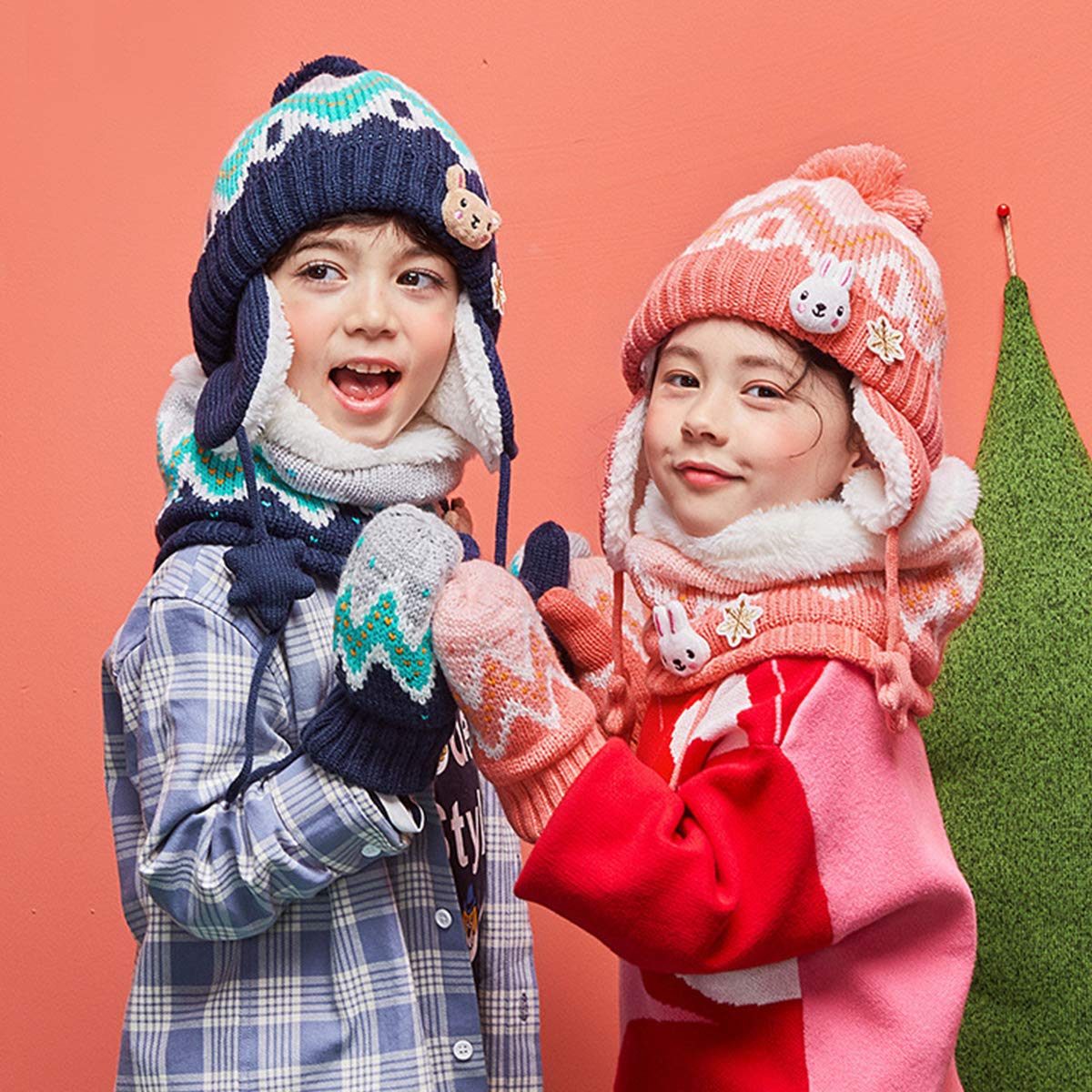 DORRISO Unisex-Baby Jungen Mädchen Mütze Schal Handschuh Set Niedlich Frühling Winter Herbst Beanie Strickmütze Warm Niedlich Klein Fuchs Wintermütze 1-6 Jahre alt