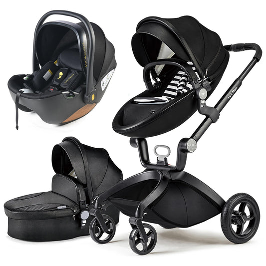 Hot Mom Stroller 3-in-1 Set Classic Combi Stroller, Model F22 with Aluminium Frame/Solid Rubber Tires (Black)