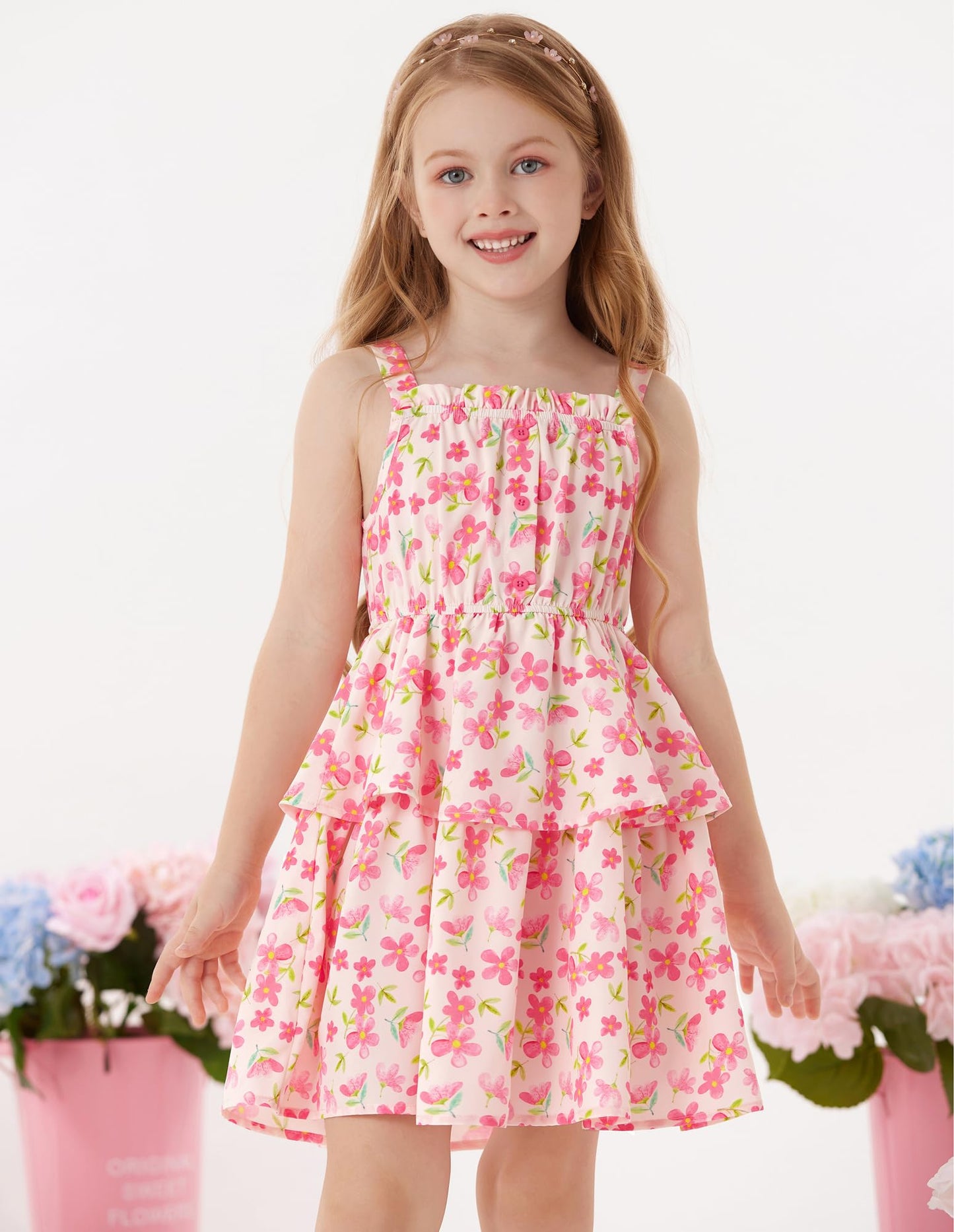GRACE KARIN Mädchen Sommer Blumen Kleid Kinder Prinzessin A-Linie Freizeit Swing Kleid Verstellbare Spaghetti-Träger Doppelter Saum