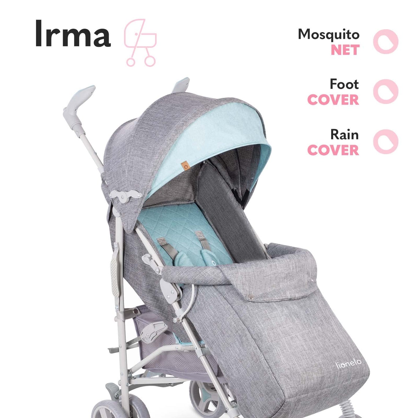 Lionelo Irma Pushchair up to 15 kg, Lightweight Modern Pushchair with Reclining Function, Foldable, Large 6 Inch Wheels, Large Basket, Bag, Mosquito Net