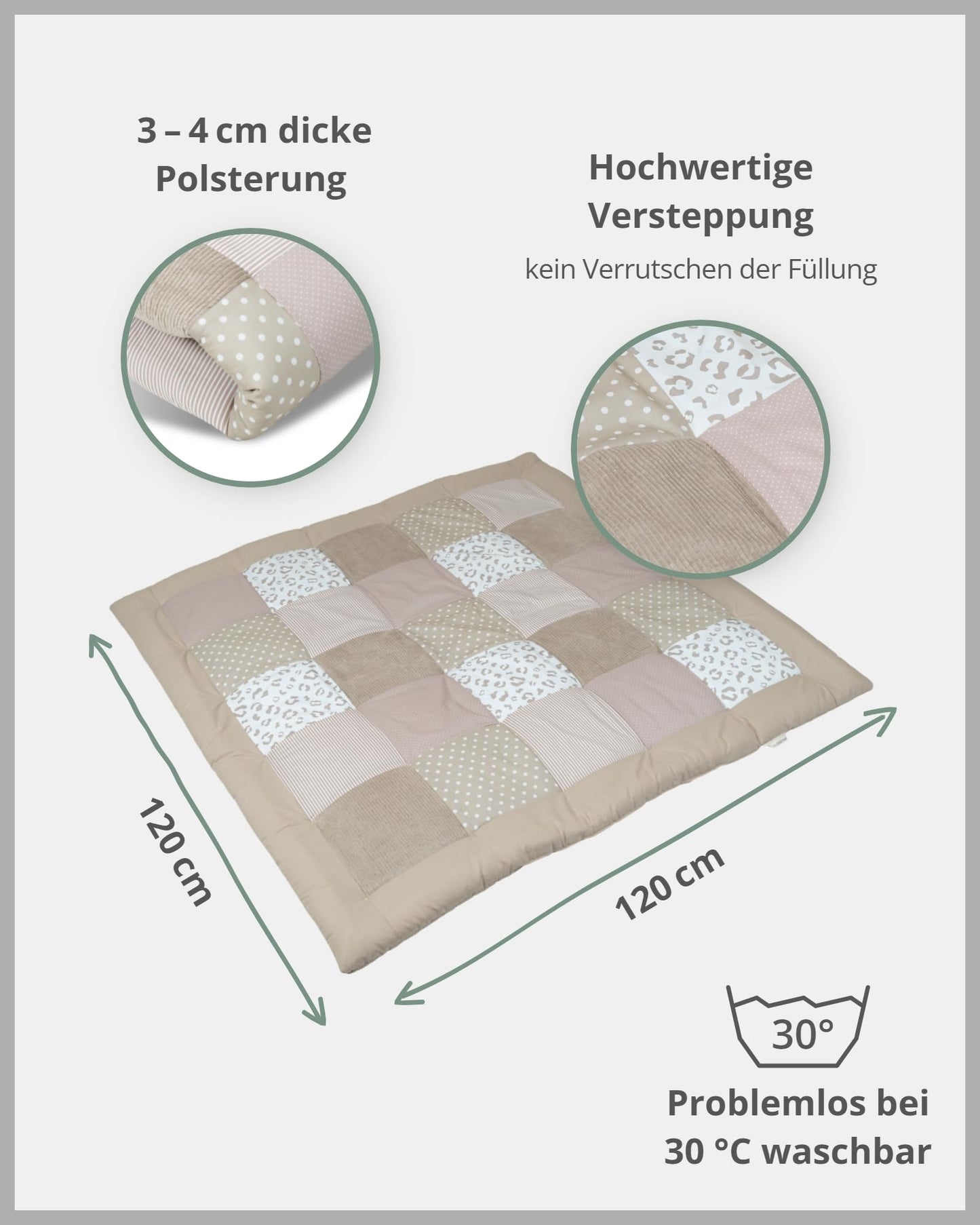 ULLENBOOM Krabbeldecke für Baby 100x100 cm, 100% OEKO-TEX Materialien, Made in EU, Dick & weich gepolstert, Sandblume - ideal als Babydecke, Laufgittereinlage & Spieldecke Baby
