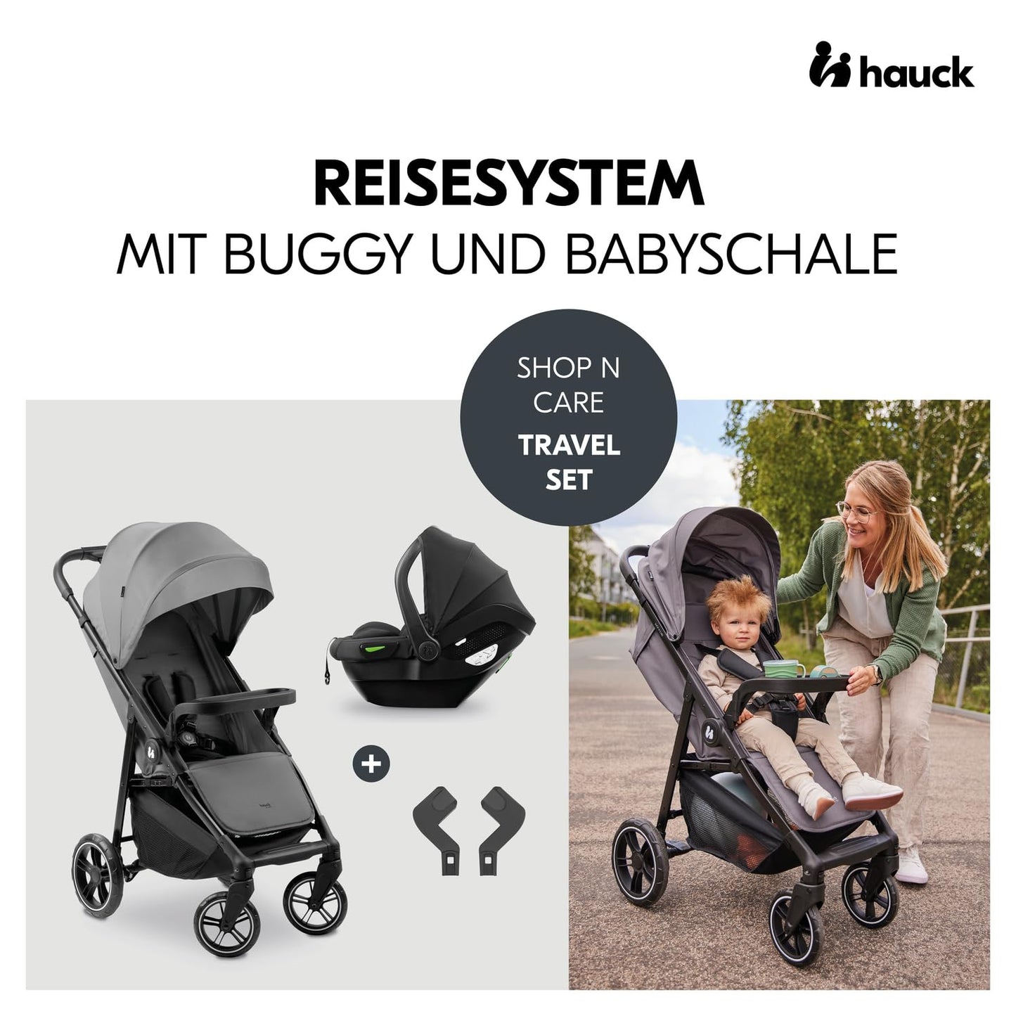 hauck 3in1 Kinderwagen Set Shop N Care Trio Set inkl. Buggy, Babywanne, Babyschale ab Geburt bis 22 kg, Klein Zusammenklappbar, Liegefunktion, Getränkehalter & Tablett, UV-Schutz 50+ (Grey)