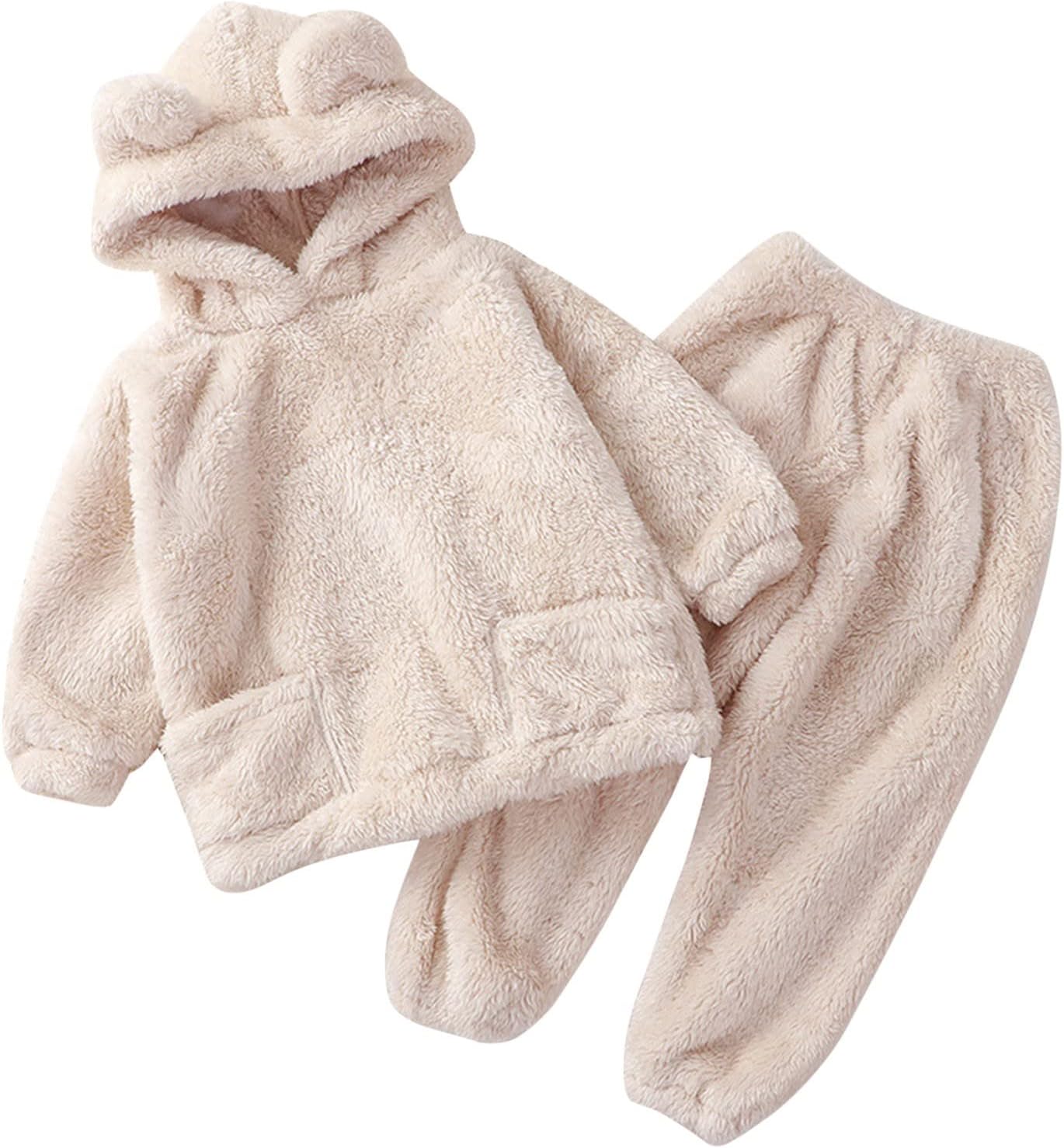 Fccrian Kleinkind Kinder Baby Mädchen Jungen Kleidung Winter Warm Kapuze Ohr Sweatshirt Tops und Hosen 2-teiliges Herbst-Outfits Pyjama Nachtwäsche Set Baby Pyjama einfarbig
