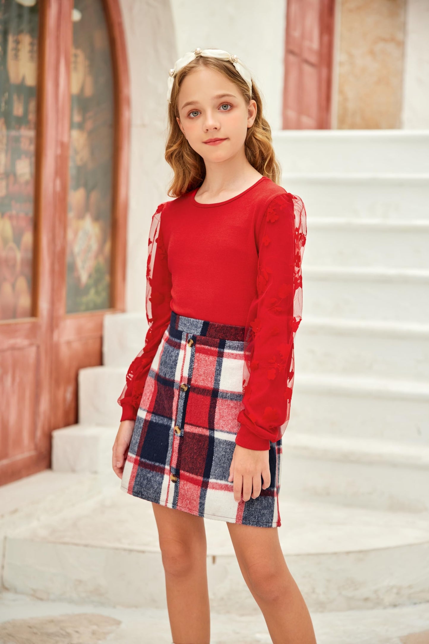 Arshiner Girls' Clothing Sets Elegant Long Sleeve Shirt with Skirt Set Children's Autumn Winter Outfit Checked Leisure Fashion Two Piece Clothing Sets for Girls 5-13 Years