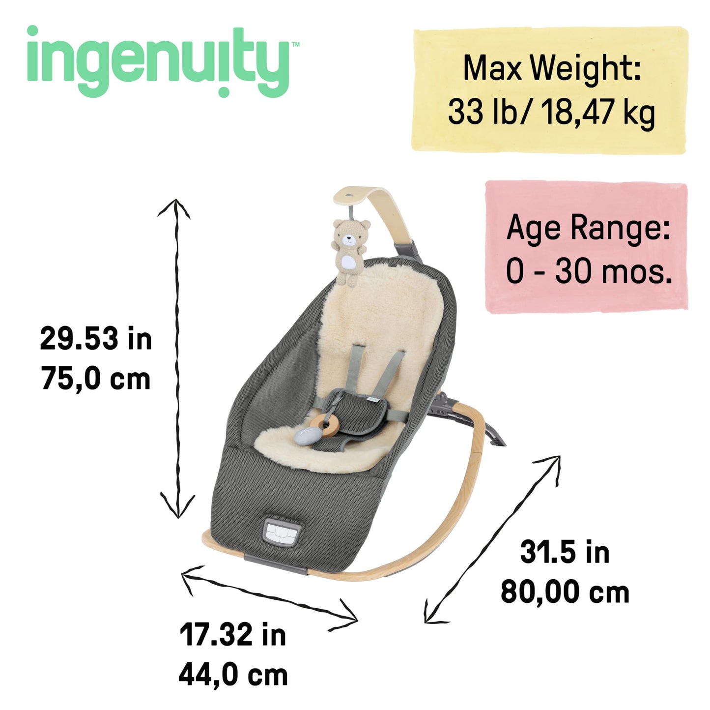 Ingenuity, Cuddle Lamb Babywippe Babyschaukel mit Schaukelfunktion und Vibrationen, Spielbogen mit 2 Plüsch Spielzeug, Musik, 4 Naturgeräuschen und Lautstärkeregler, ab Geburt bis 18 kg