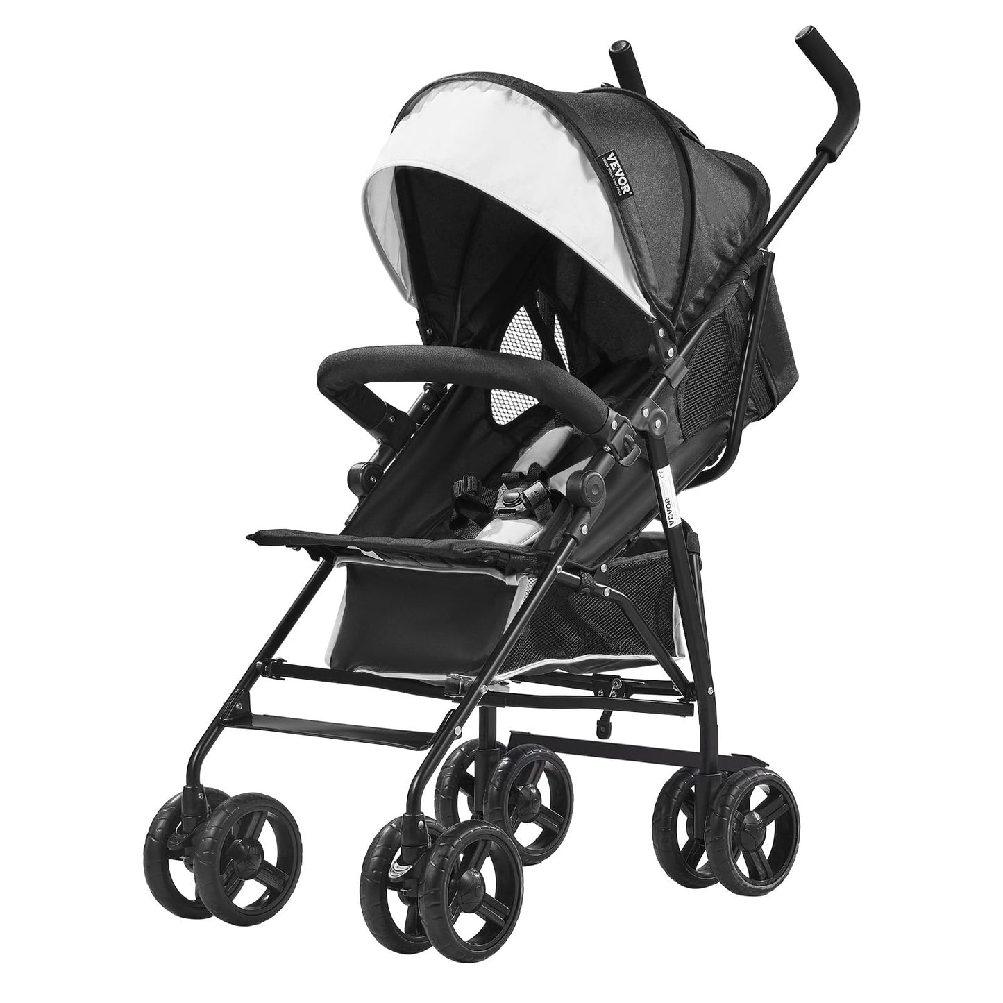 VEVOR Leichter Kinderwagen, kompakt, einfach zusammenklappbar, mit verstellbarer Rückenlehne, Rahmen aus Karbonstahl, großem Aufbewahrungskorb, Kinderwagen mit Schirm für Reisen und mehr, Schwarz/Weiß - Meloni2