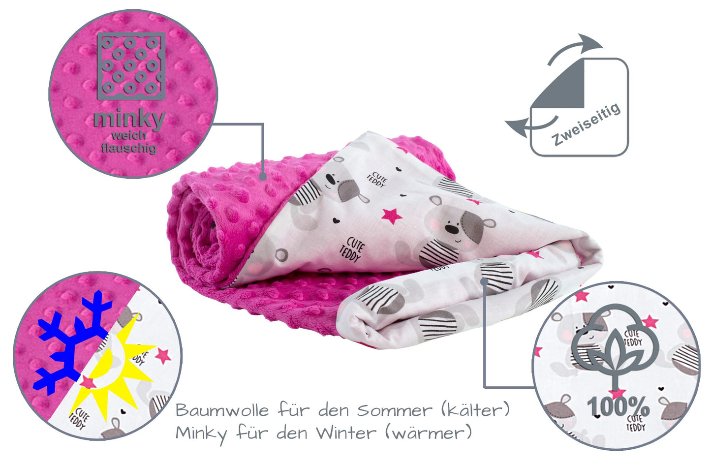 Medi Partners Babydecken Baby 100% Baumwolle Krabbeldecke Babydecke 75x100cm doppelseitig Kinderbett Minky Kuscheldecke Kinderwagen (REH mit grauem Minky)