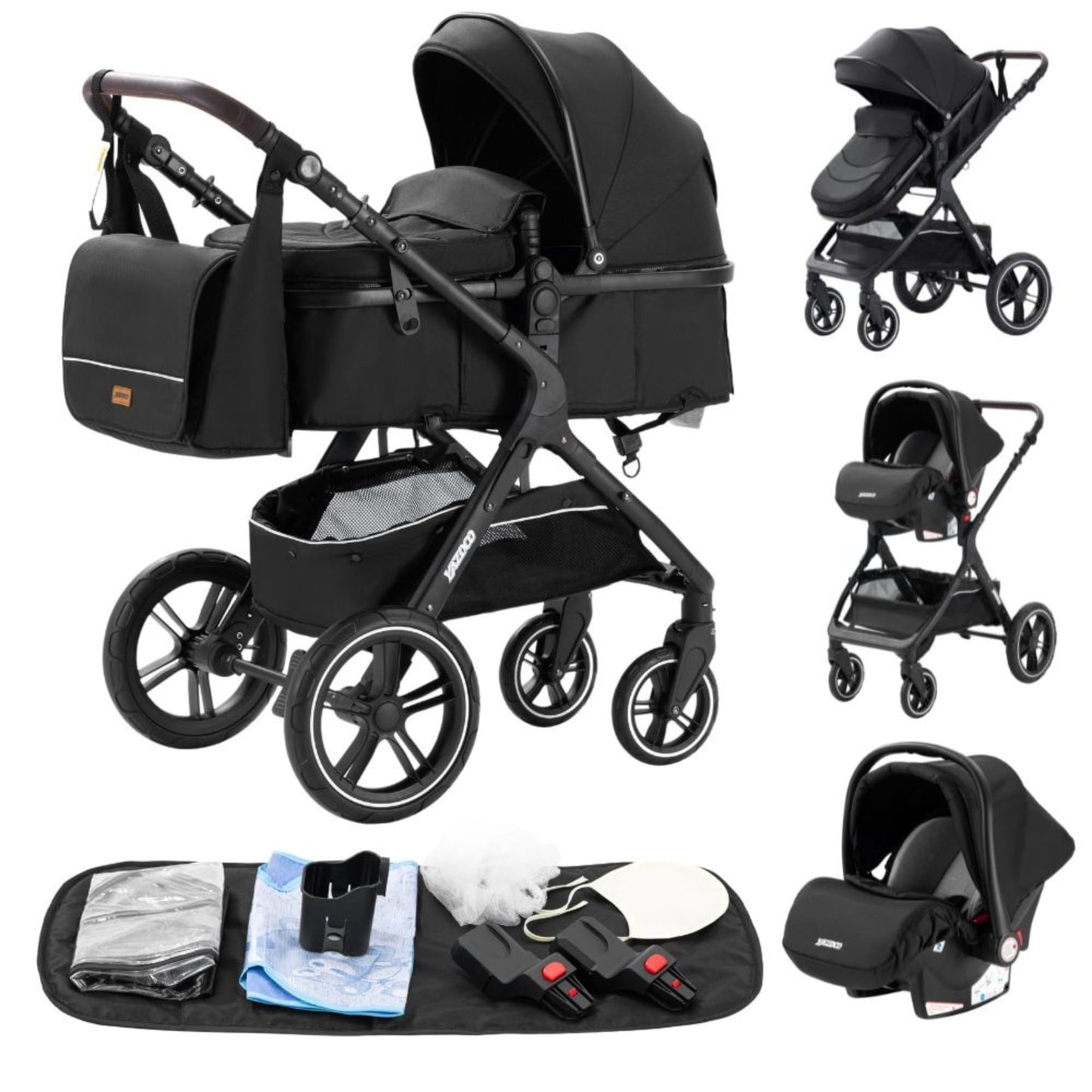 YAZOCO Kompakter 3 in 1Kinderwagen Anstout Terrain Luxus Hohe Landschaft Vierfacher Kinderwagen 0-36kg Faltbarer Gehstock Baby Kinderwagen Komfort Autositz Zubehör (Schwarz)