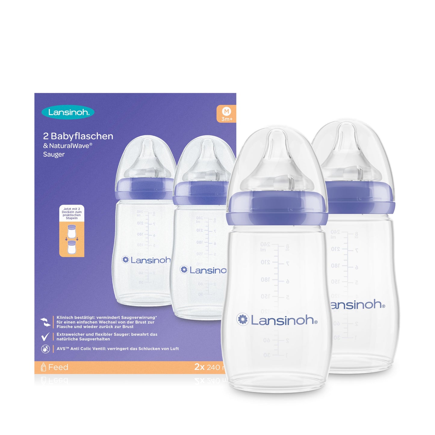 Lansinoh Baby Bottles with NaturalWave Teat Size M, 240 ml - Twin Pack - Compact Design for Improved Stability - with Stackable Lid