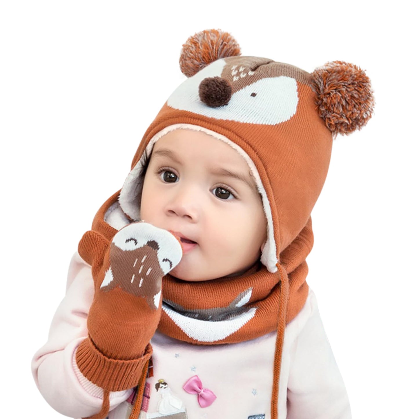 DORRISO Unisex-Baby Jungen Mädchen Mütze Schal Handschuh Set Niedlich Frühling Winter Herbst Beanie Strickmütze Warm Niedlich Klein Fuchs Wintermütze 1-6 Jahre alt