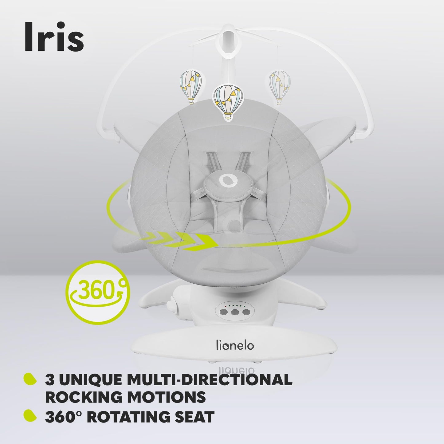 LIONELO Iris Electric Baby Rocker 360° Rotatable for Babies up to 9 kg Adjustable Backrest, 5 Weighing Speeds, Non-Slip Safety Belt, 12 Melodies Hanger with Toy Remote Control