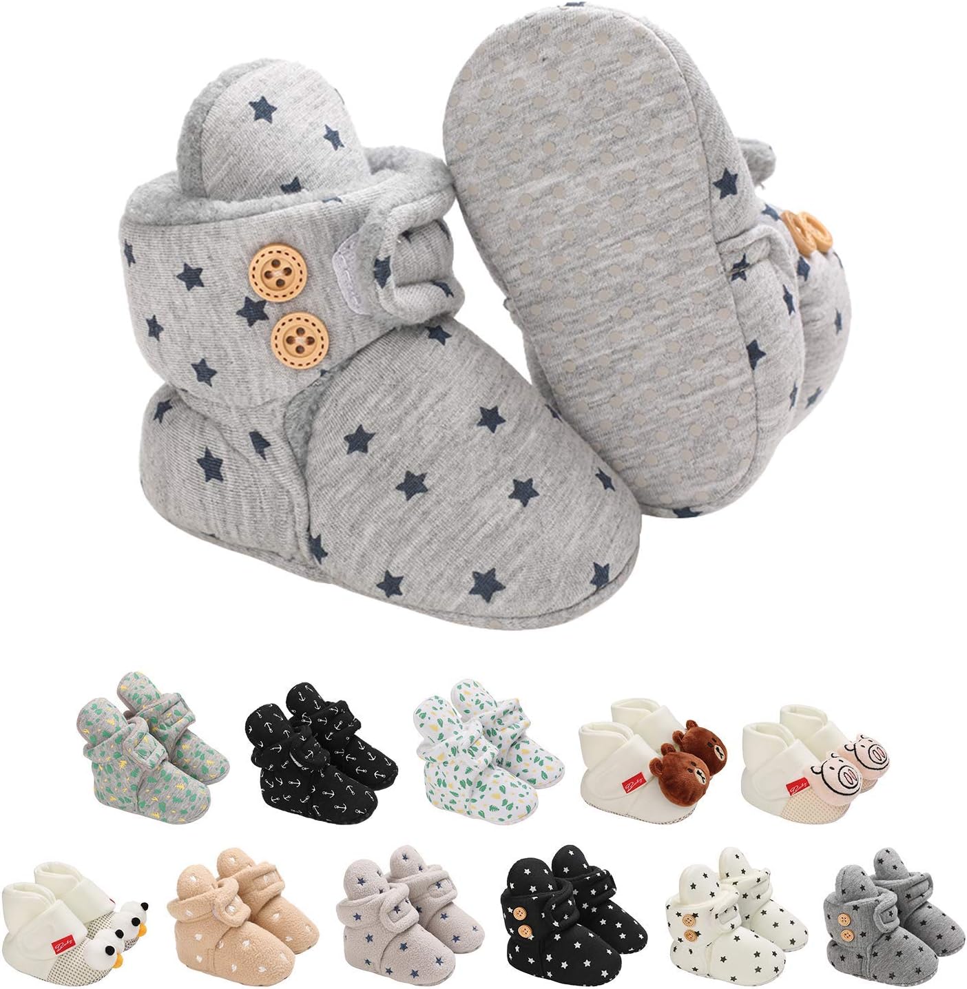 EDOTON Unisex-Baby Neugeborenes Fleece Booties, Baby Jungen Mädchen Weiche Sohlen Streifen Bootie Kleinkind Stiefel Niedlich Stiefel Socke Einstellbar