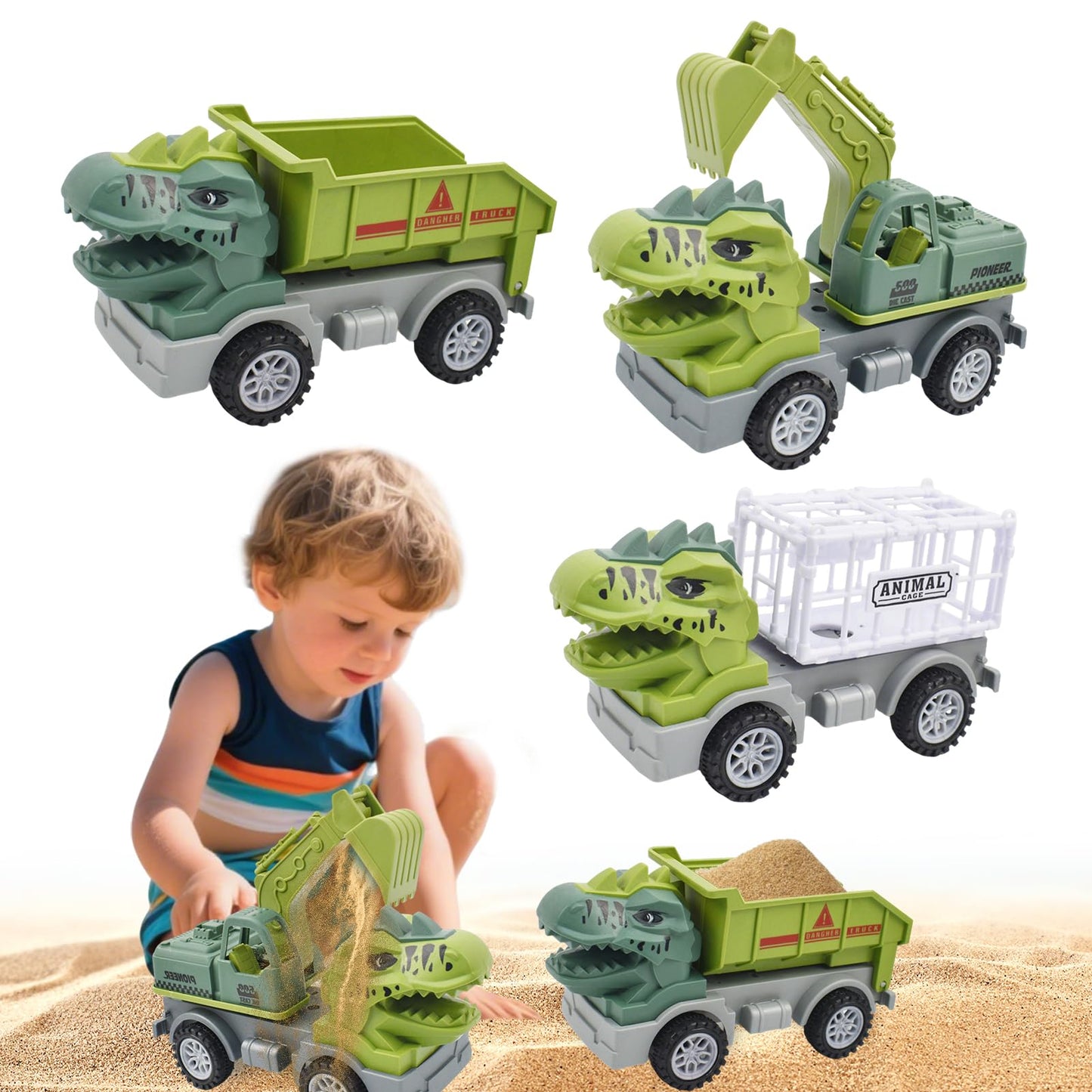 Baustellenfahrzeuge ab 3 Jahren, Set mit 3 Dinosaurier-Sandgruben-Spielzeugset mit Bagger, Transporter, Muldenkipper, robustem Sandspielzeugfahrzeugen Auto, geeignet als Sandspielzeug für Kinder ab 2+ (01)