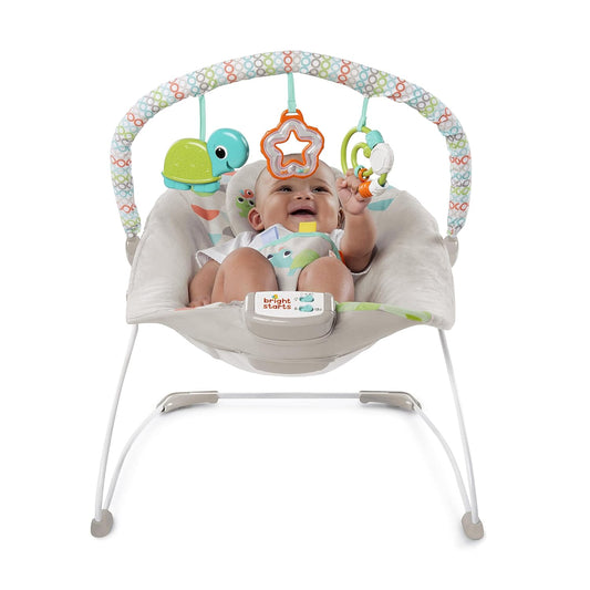 Bright Starts Happy Safari Baby Bouncer with soothing vibrations and 7 melodies, removable headrest and play arch with 3 toys, volume control, from birth to 9 kg