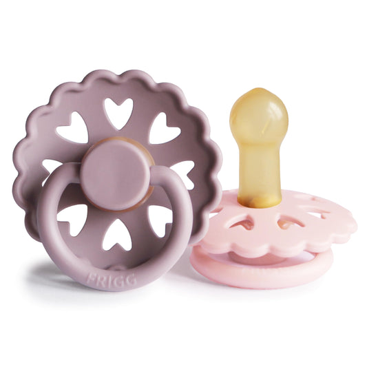 FRIGG Fairytale Pacifiers 2 Pack | Latex Pacifiers | BPA-Free | Made in Denmark | Symmetrical Cherry-Shaped Teat (Twilight Mauve/Primrose, Size 1 (0-6 Months))