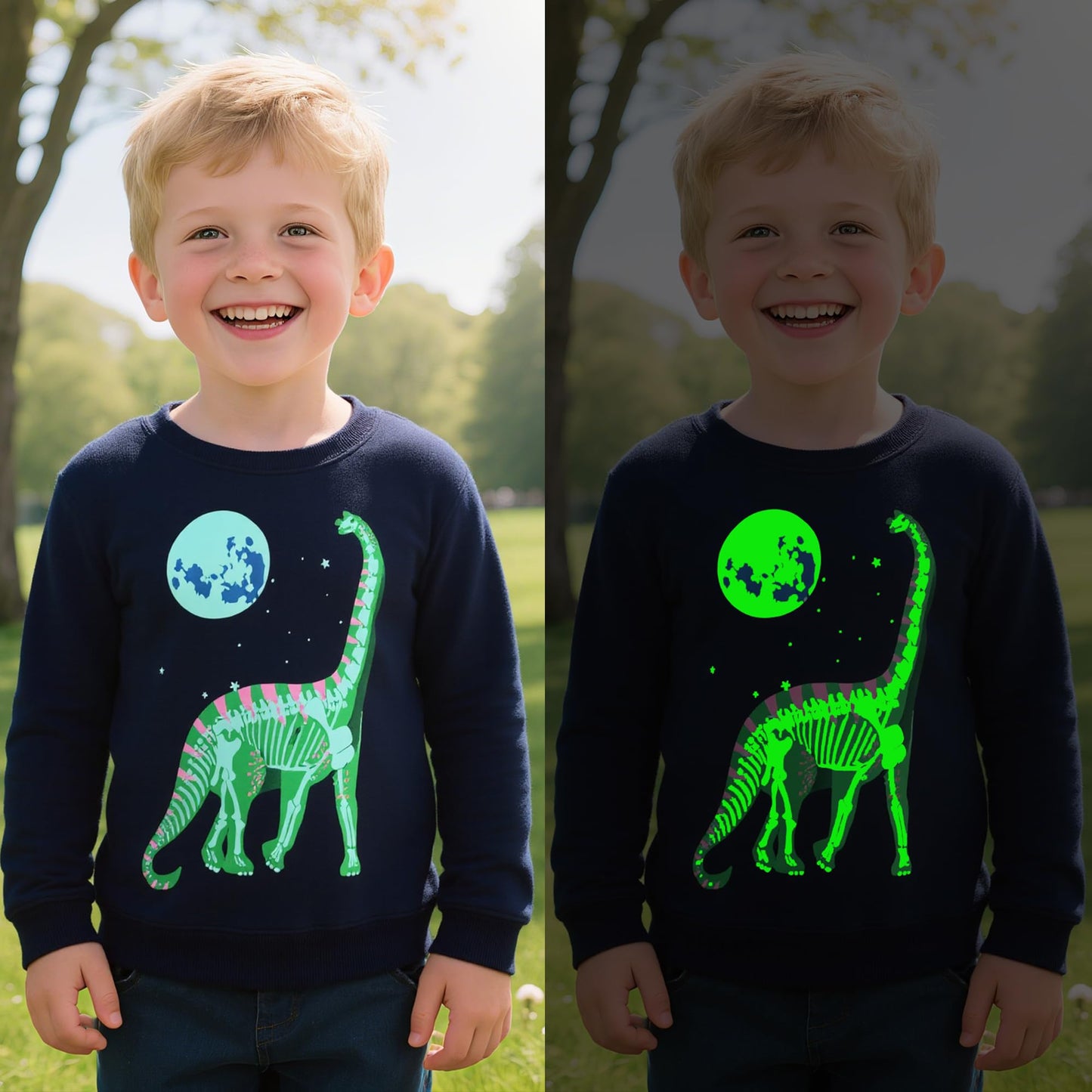 FILOWA Sweatshirt Kinder Junge Leuchtet im Dunkeln Dinosaurier Sweatshirt Astronauten Drucken Pullover Sport Marineblau Langarm Warm Baumwolle Top Jogging Sweatshirt 2-7 Jahre,Gr.92-122